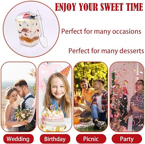 Miniatura 6 de Paquete de 50 tazas de plástico transparente de 5 onzas con tapas y cucharas, tazas cuadradas reutilizables para aperitivos de parfait, taza de