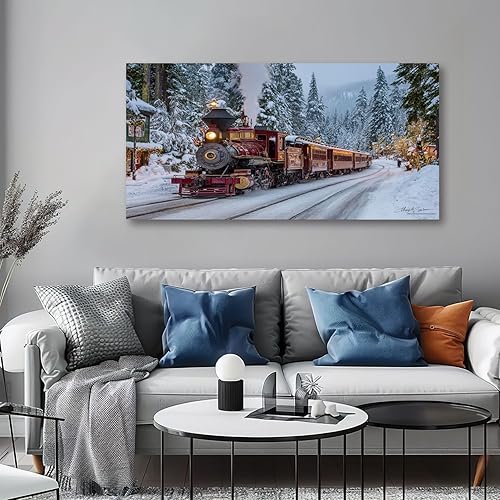 Miniatura 4 de 30"x 60" Canvas Wall Art Winter Train Snowy Forest Retro Christmas Snow Vintage Landscape Framed Pictures Painting Prints Large Wall Art for Living