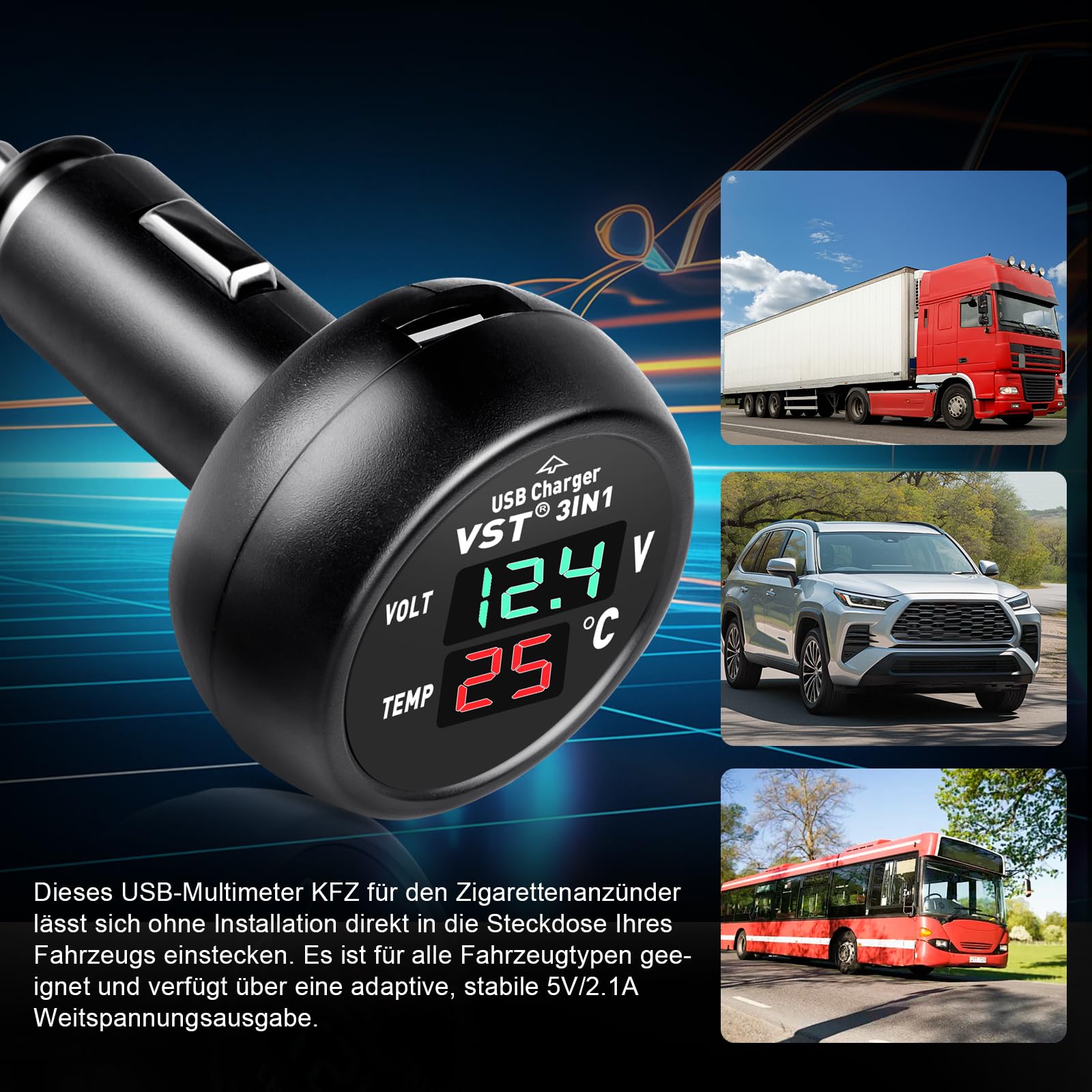 Ładowarka samochodowa USB 3 w 1, cyfrowy woltomierz, termometr, ładowarka USB do gniazda zapalniczki samochodowej, DC 12V 24V 36V monitor baterii, do samochodów osobowych, ciężarówek, autobusów