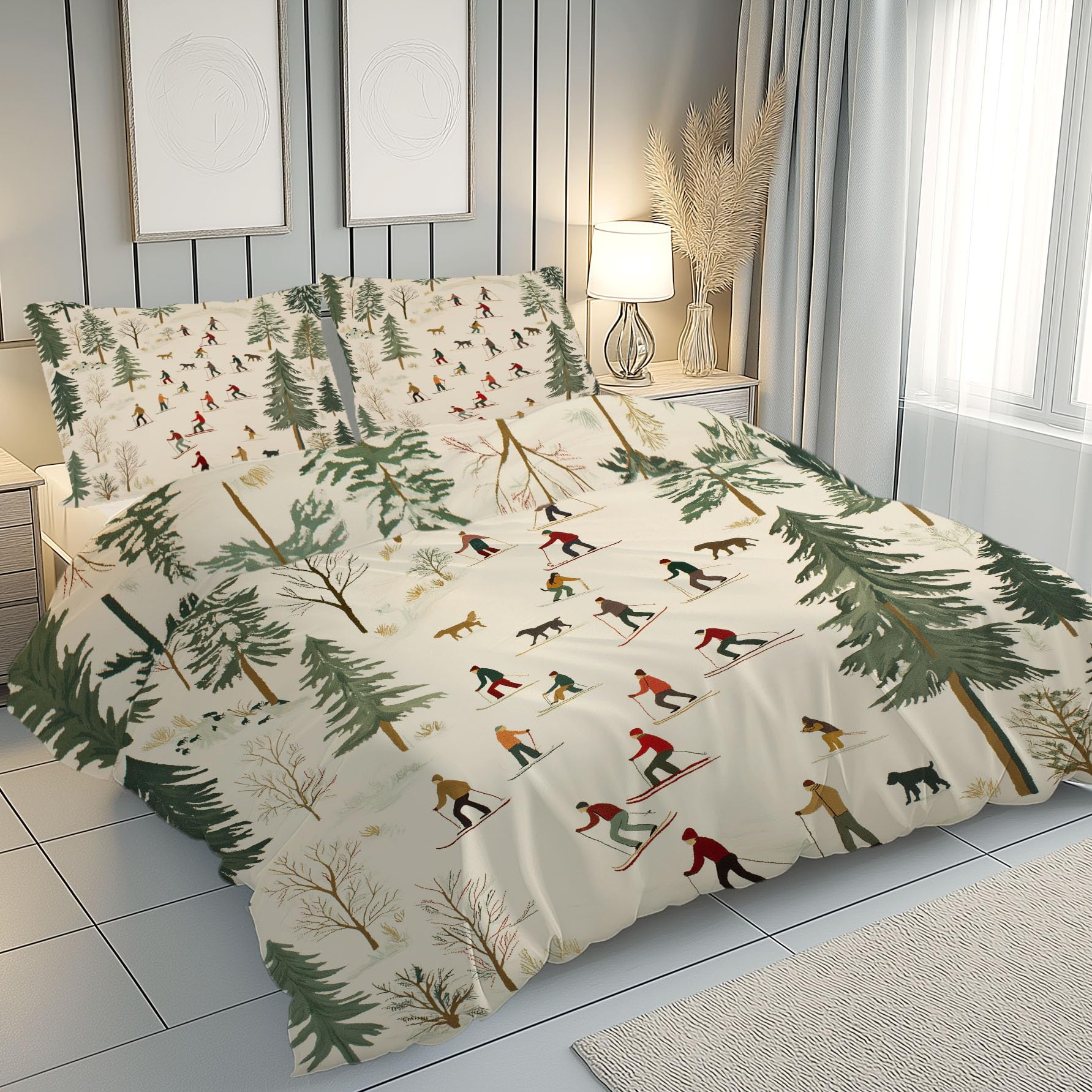 Skieurs Housse de Couette Microfibre 140x200 cm, Ski Haute Montagne Parure de Lit Réversible Forêt Naturel Housse Couette avec Fermeture Éclair et 2 Taie d'oreiller 65x65 cm
