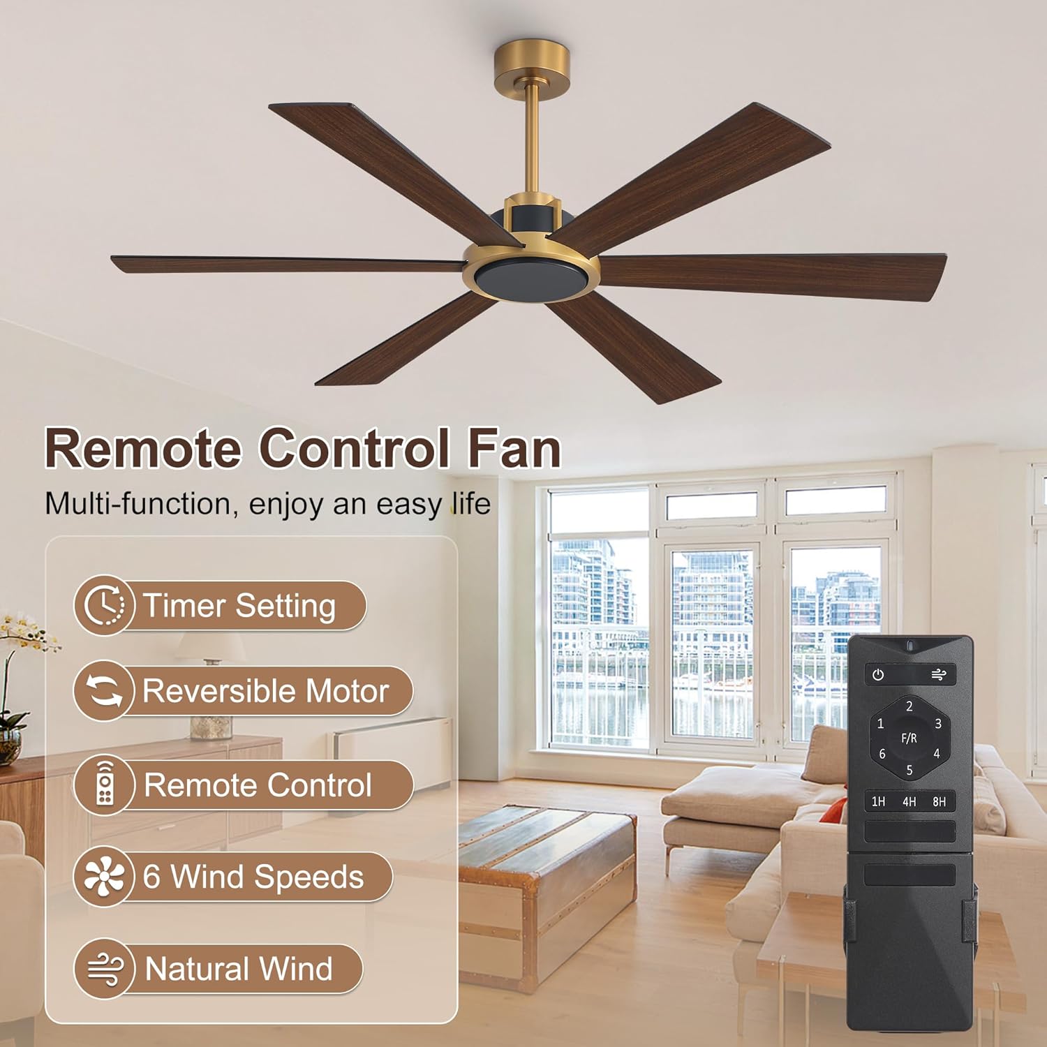 WINGBO 60 Inch Ceiling Fan without Light - 6 Plywood Blades, 6-Speed Reversible DC Motor, Noiseless Remote Control Ceiling Fan No Light for Bedroom Living Room Kitchen, Gold and Walnut/Black