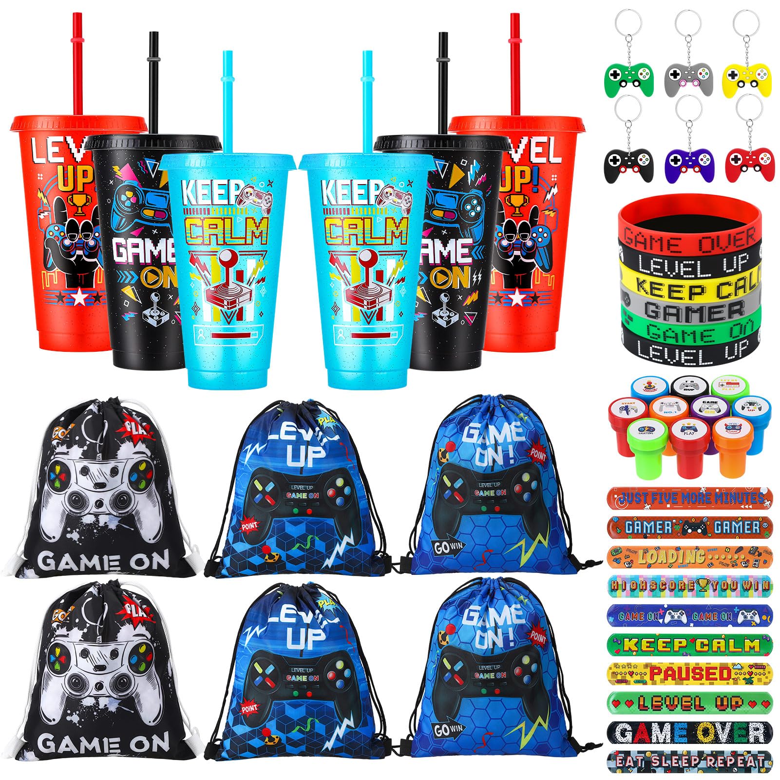Guiqulai 44 Pcs Video Game Party Favors Gaming Birthday Party Supplies with Gaming cups Silicone Wristbands Keychains Stamps Slap Bracelets for Kids