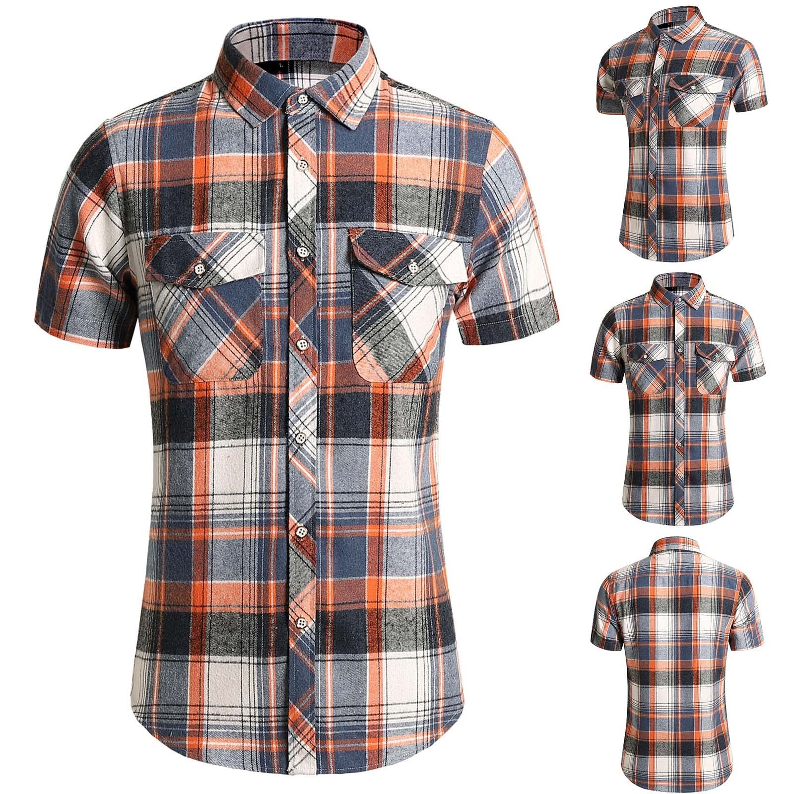 BOTCAM Camisa a cuadros de manga corta para hombre | Camisas para hombre Slim Fit Camisa Hombre Negro Seda Punto Camisa Hombre Manga Corta Camisa a Cuadros Hombre Azul