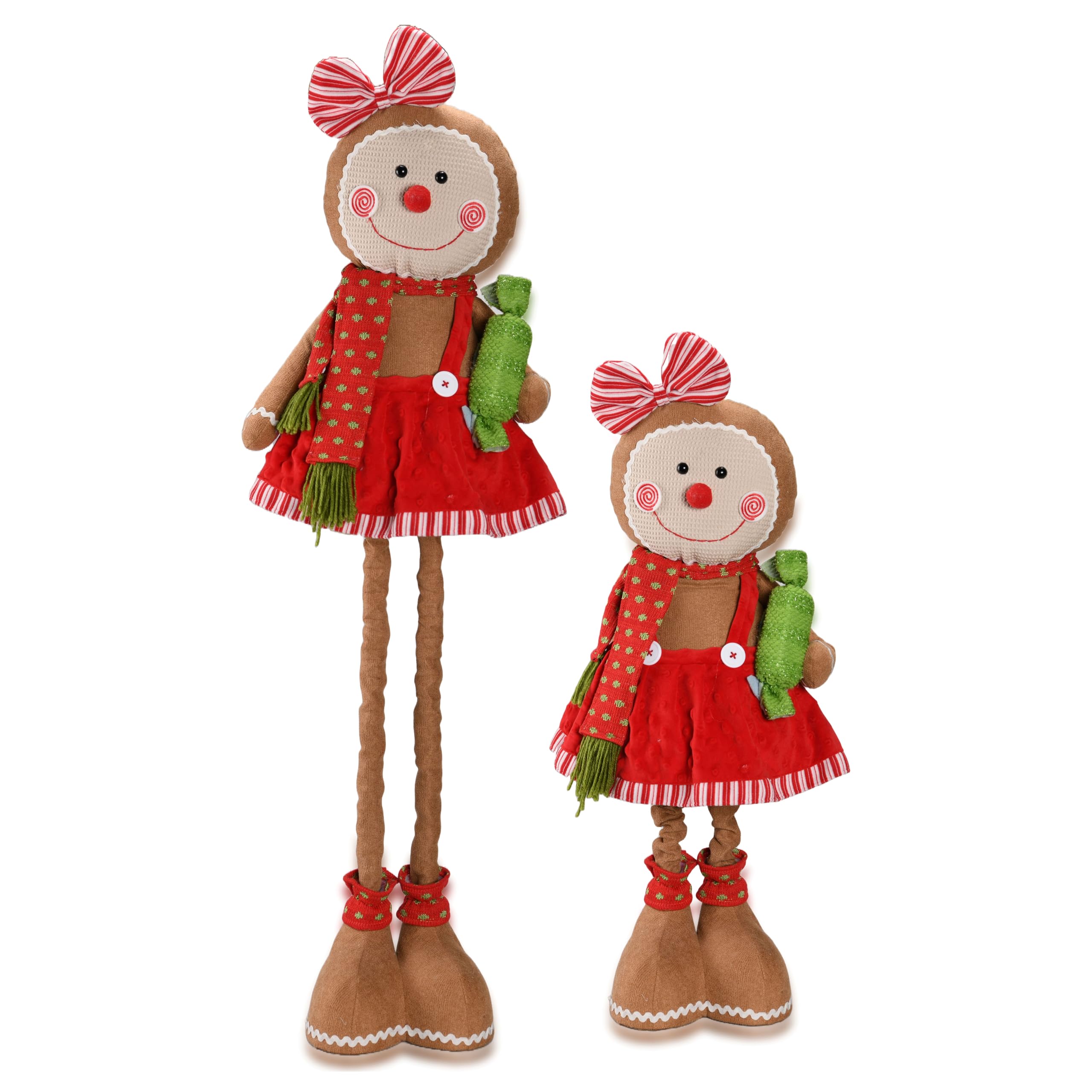 2024 Christmas Large Adjustable Gingerbread Man Decorations, Animated Plush with Red Bow and Long Stretchable Legs, Xmas Handmade Decorations for Indoor, Present for Family and Friends
