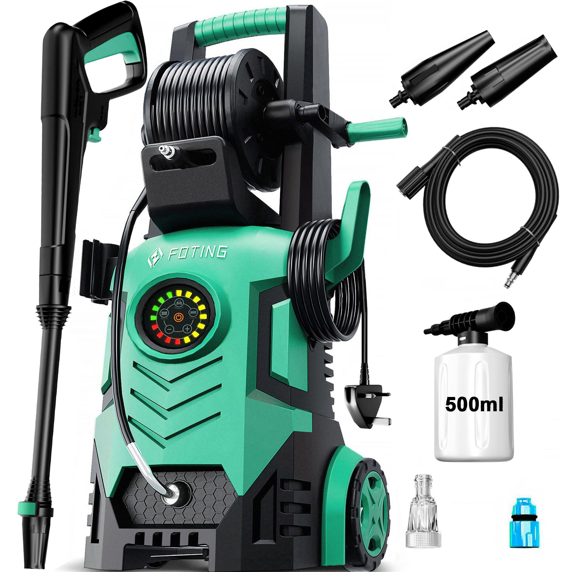 High Pressure Washers w/ 8 Level Touch Screen 100-200bar, Flow Rate: 280-500l/h, Coverage: max. 60㎡/h, Foam Cannon and Adjustable 6-in-1 Nozzles, Jet Washer Power Washers for Patio/Car/Home Cleaning