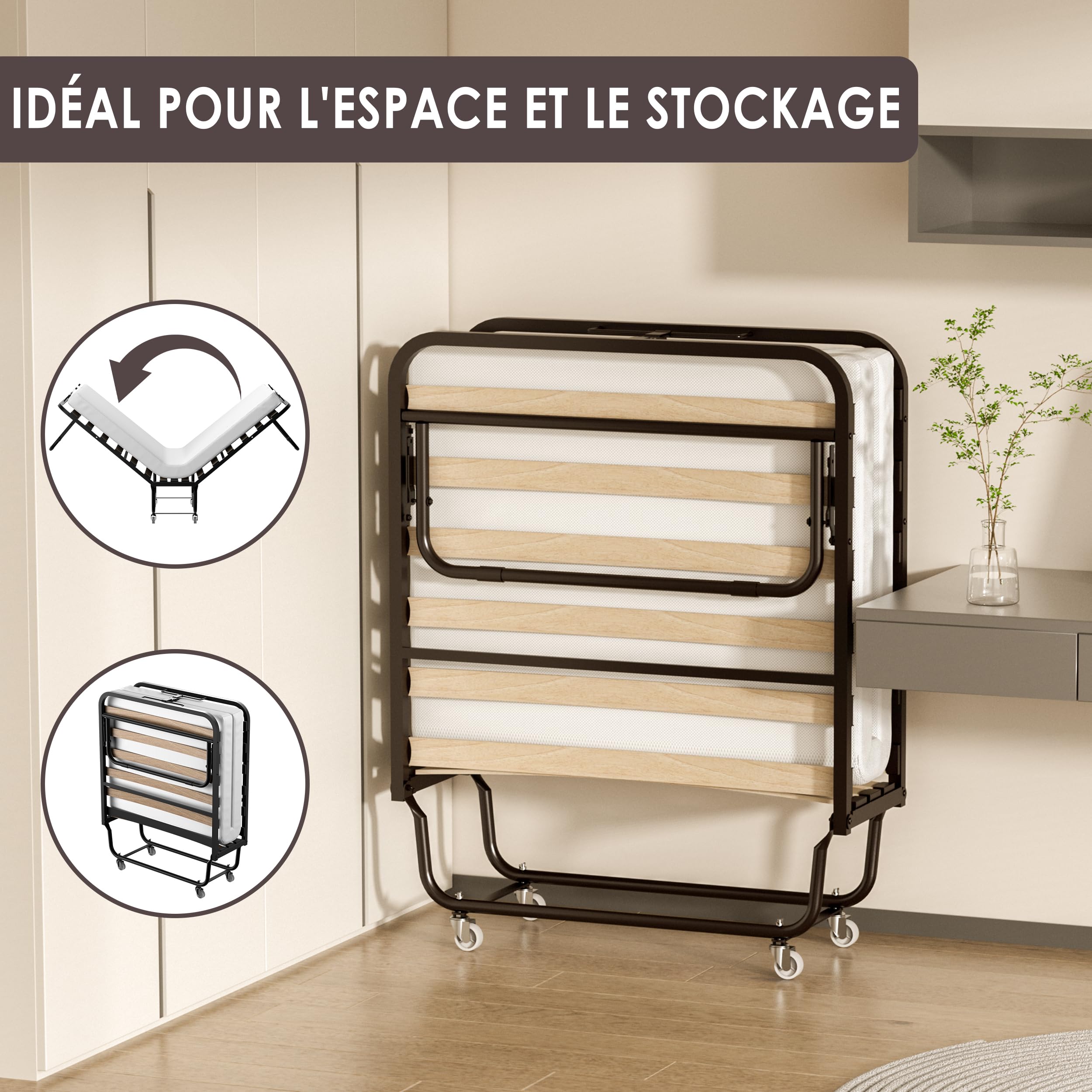DEWINNER Lit Pliant 80x190 cm avec Matelas de 10cm, Lit Pliable 1 Personne Adulte pour Cadre de lit en sommier 80x190，Certification RoHS & Pro 65, 4 roulettes, Facile à Transporter et 2 Min Assembler
