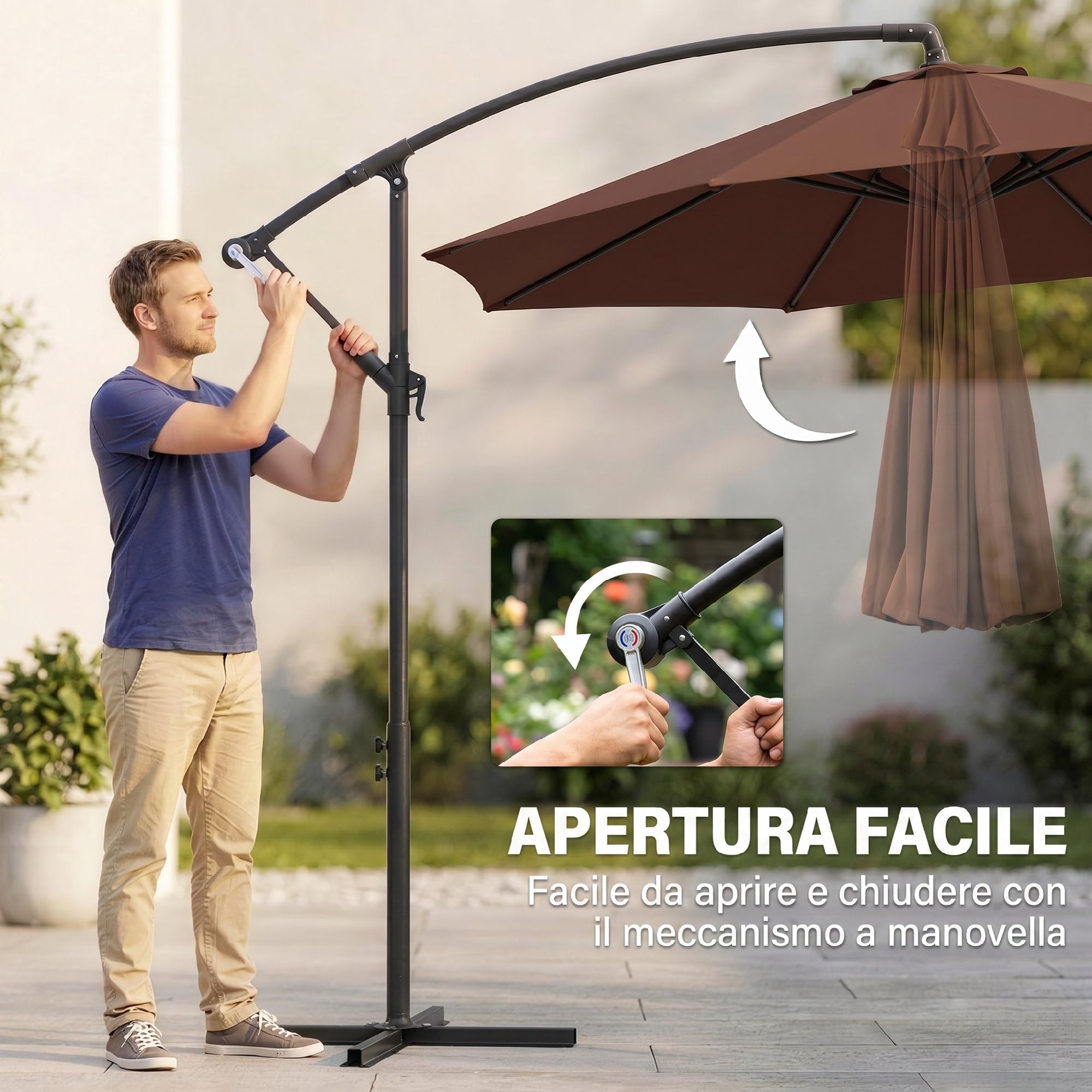 Outsunny Ombrellone da Giardino 3x3m con Tettuccio Regolabile, Base a Croce, Prese d'Aria, Manovella, Ombrellone Decentrato Inclinabile in Acciaio e Poliestere, per Cortile Terrazza, Marrone