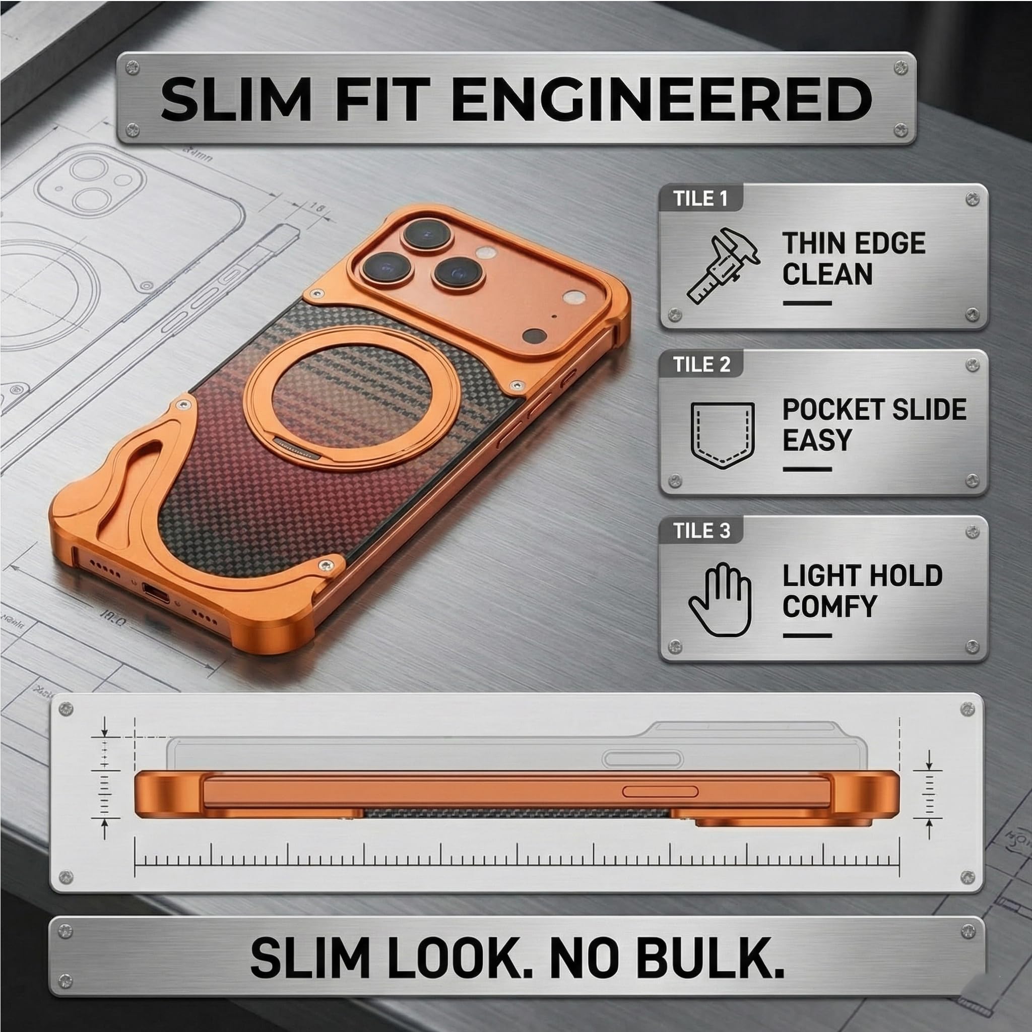 Funda de Aluminio sin Marco para iPhone 17 Pro, Anillo Magnético y Soporte Giratorio de 360°, Textura Estilo Fibra de Carbono, Perfil Ultradelgado, Compatible con Magsafe, Desierto