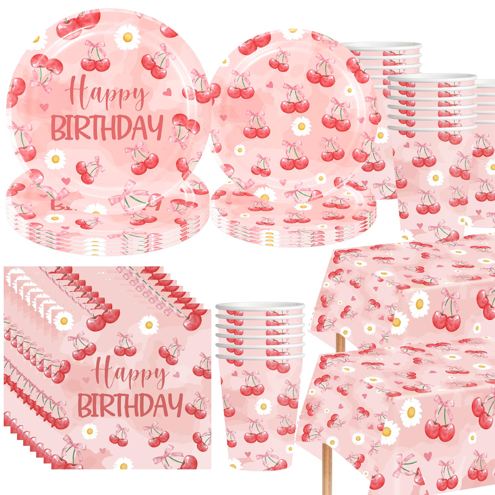 VDESFUEBY Pink Bow Cherry Party Supplies Cute Bow Cherry Heart Paper Plates Napkins Cups and Tablecloth Sets for Girls Pink Bow Cherry Birthday Party