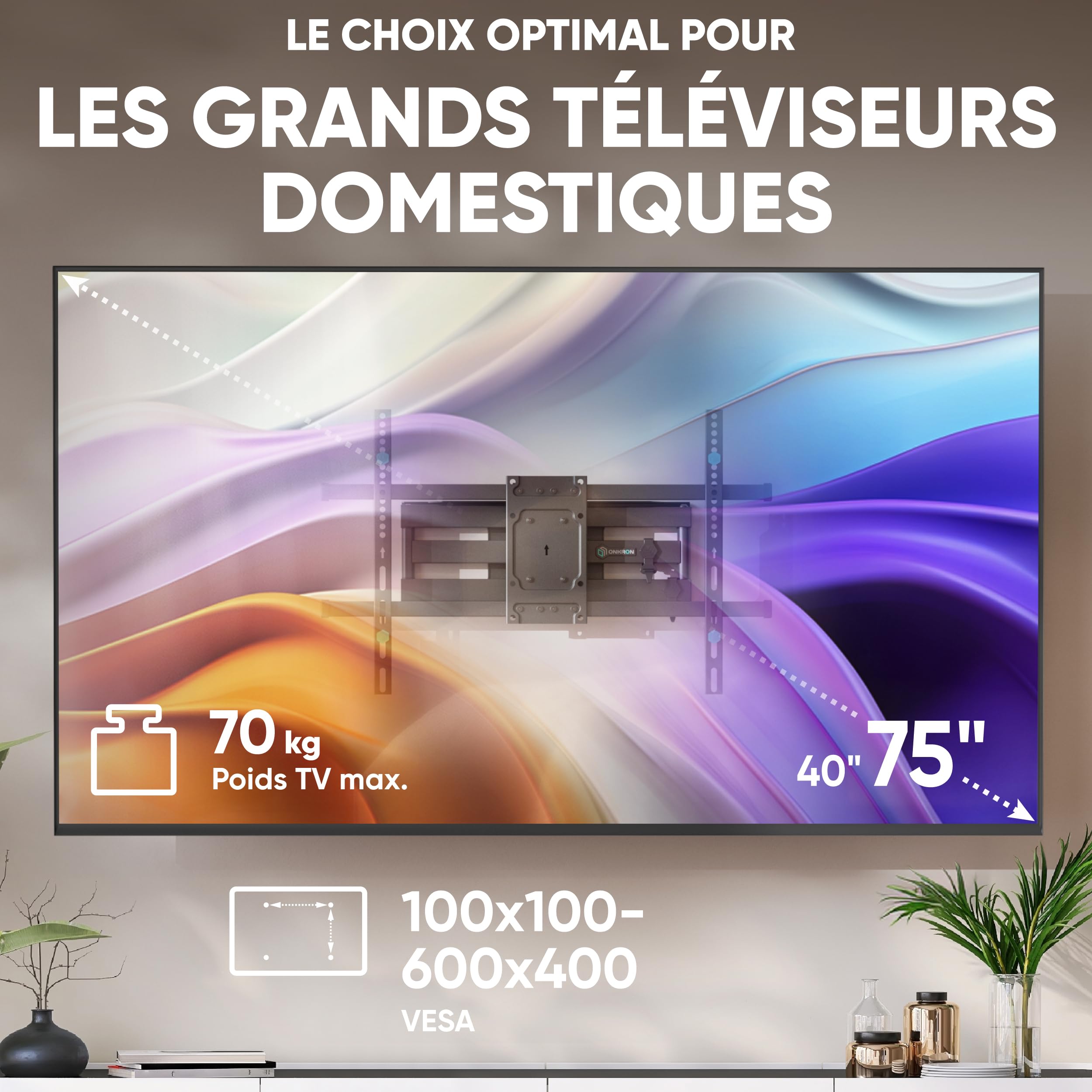 ONKRON Support TV Mural Orientable 40"-75", 70 kg, Max VESA 600x400, M6L-B | Bras TV articulé, portée jusqu’à 434 mm, pivotant, inclinable, gestion des câbles, salon, bureau, réunions & gaming, noir
