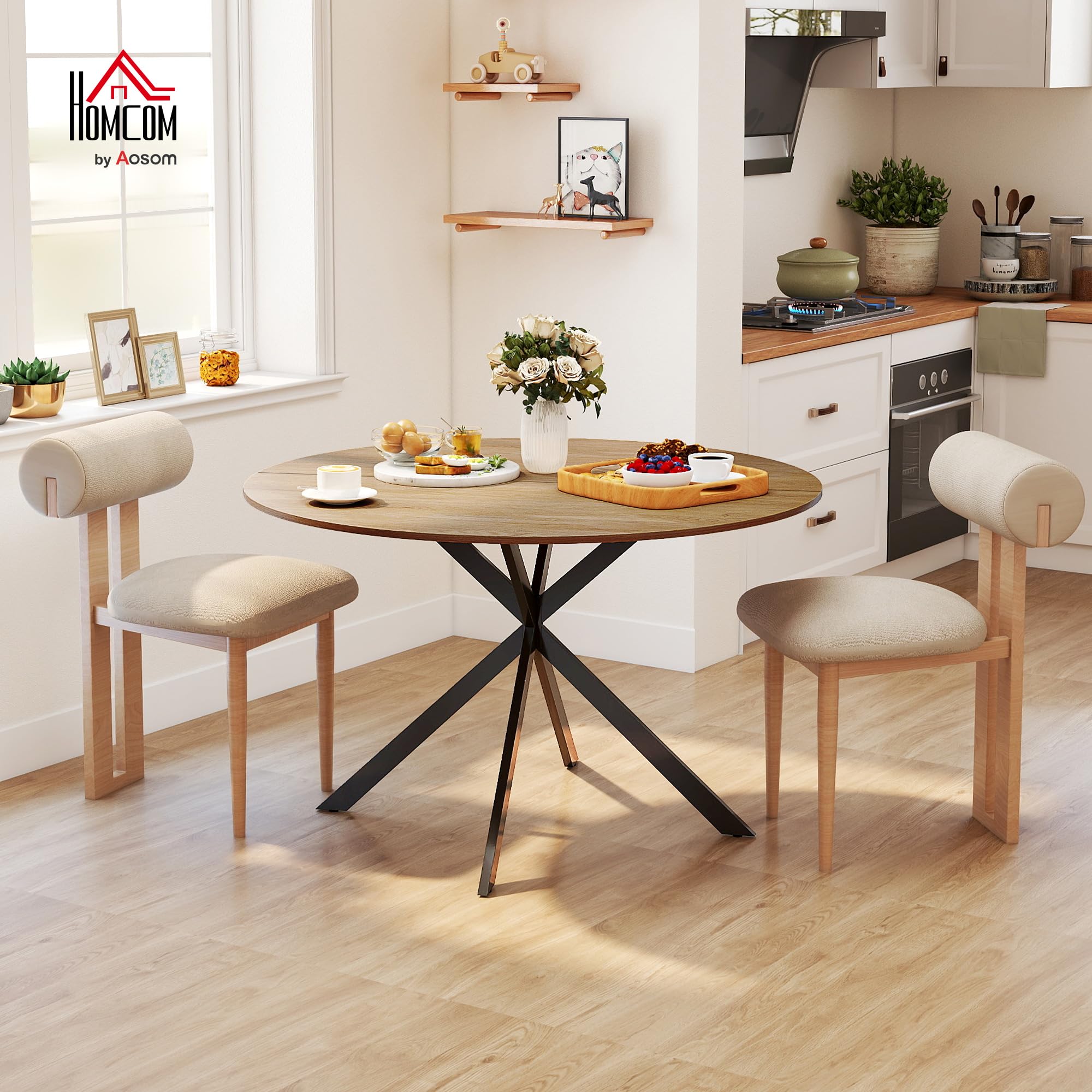 HOMCOM Table à Manger Ronde pour 4 Personnes Table de Cuisine 120 cm Style Industriel avec Plateau Aspect Bois et piètement croisé en Acier, chêne