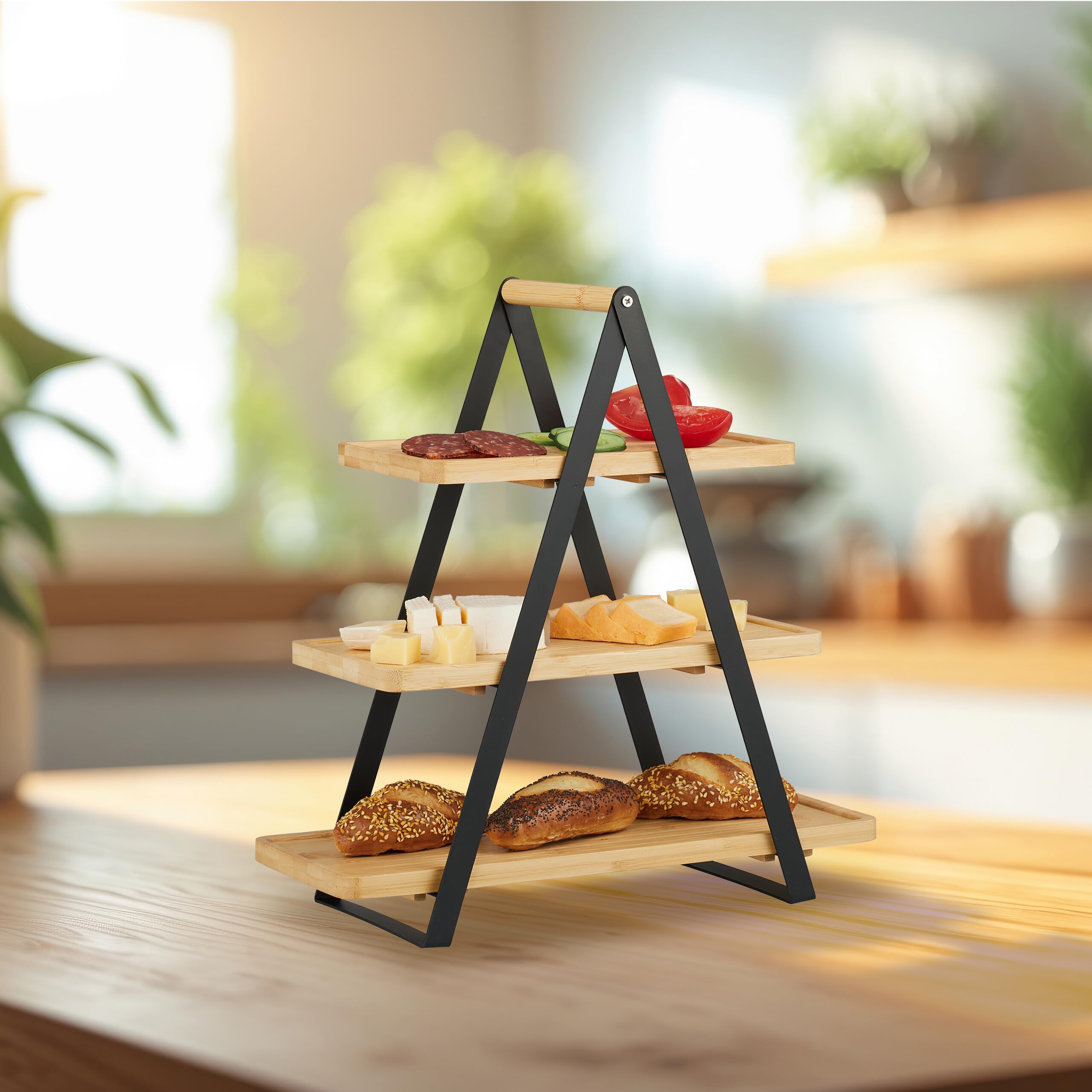 Relaxdays Soporte Tartas, 2 Pisos, Bambú, Metal, Bizcochos, Muffins, Fruta, 33x34x19 cm, para Servir, Natural/Negro