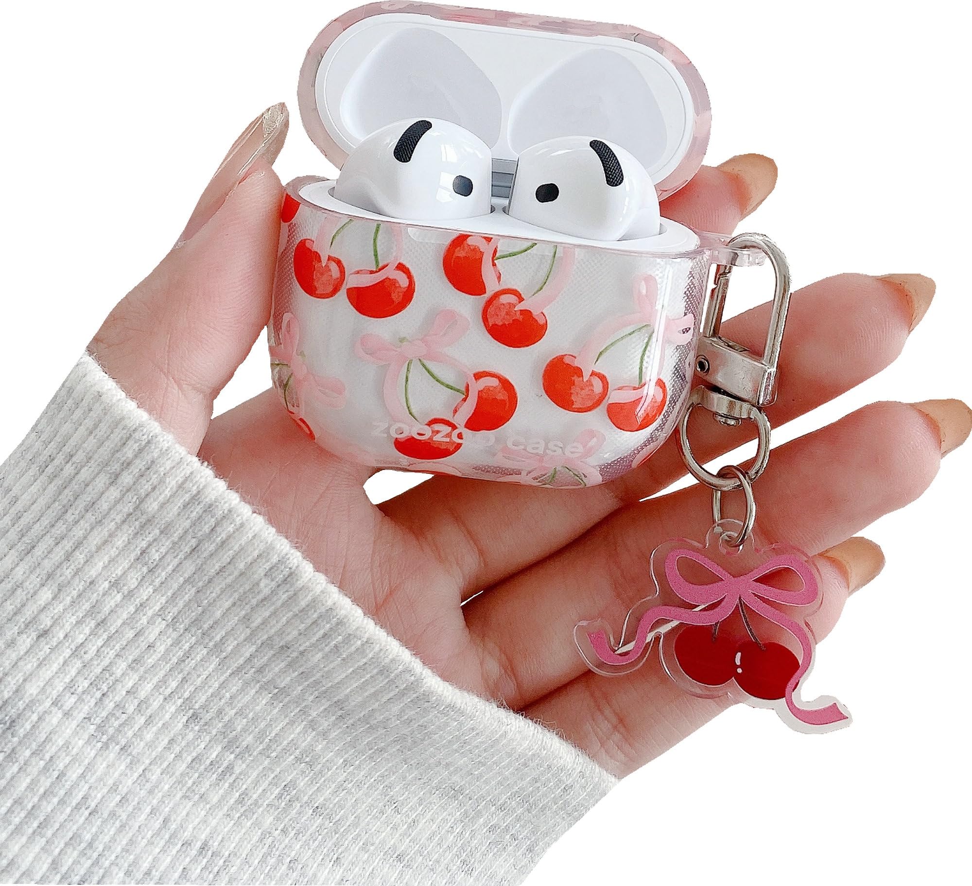 JANDM for AirPods 4 Cherry Case with Keychain,Clear Shockproof Soft Clear Women Girls Case with Cute Keychain for AirPods 4