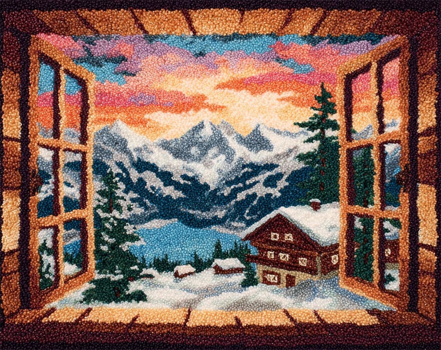 Henypt DIY Knüpfteppich zum Selber Knüpfen Der See vor dem Fenster 80x160cm | Landschaft Sticken Set Für Anfänger Bedruckter Teppich Handgefertigte Geschenke,Wanddekoration