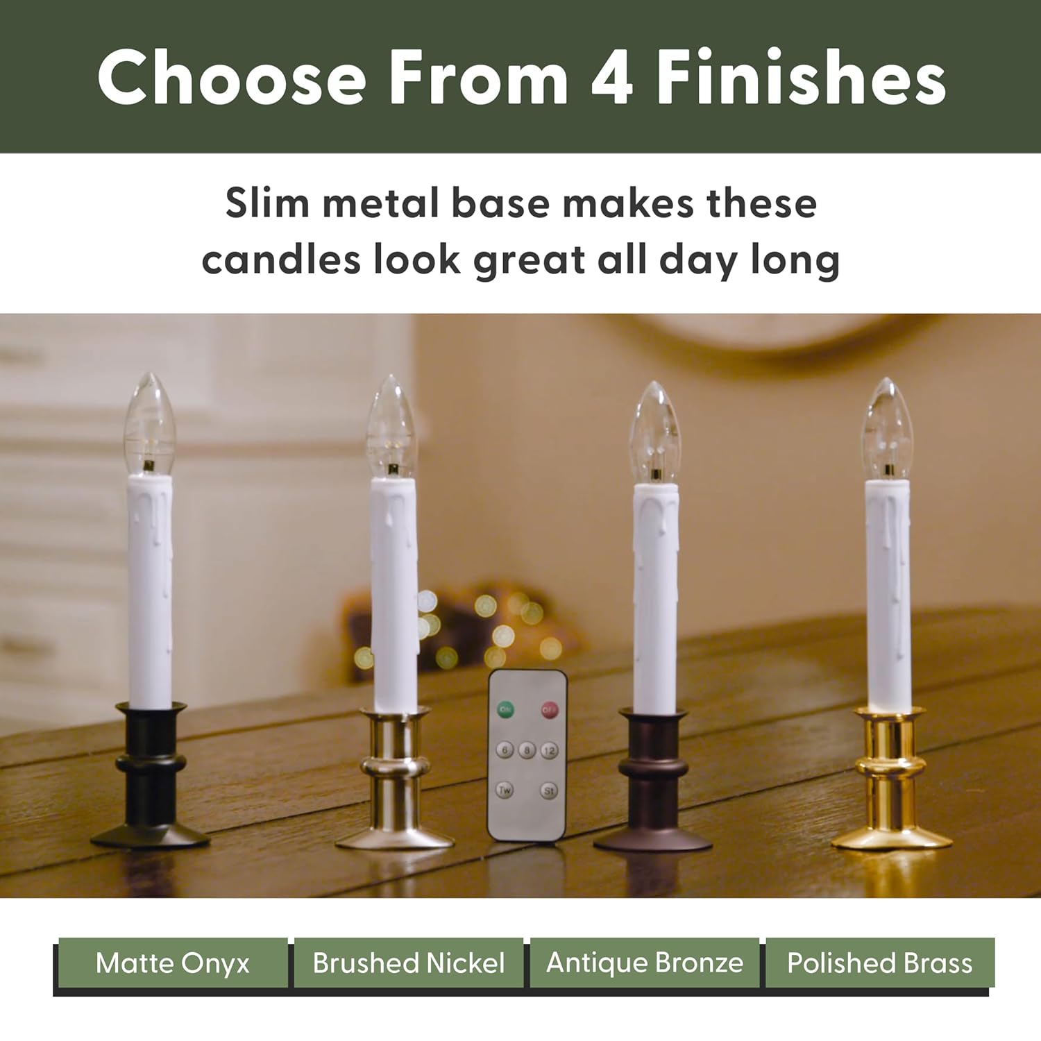 612 Vermont Ultra-Bright LED Window Candles with Timer, Remote Control, Twinkle/Steady LED Light, Battery Operated, Slim Metal Base, VT-9167-R4-AW (Pack of 4, Antique Bronze)