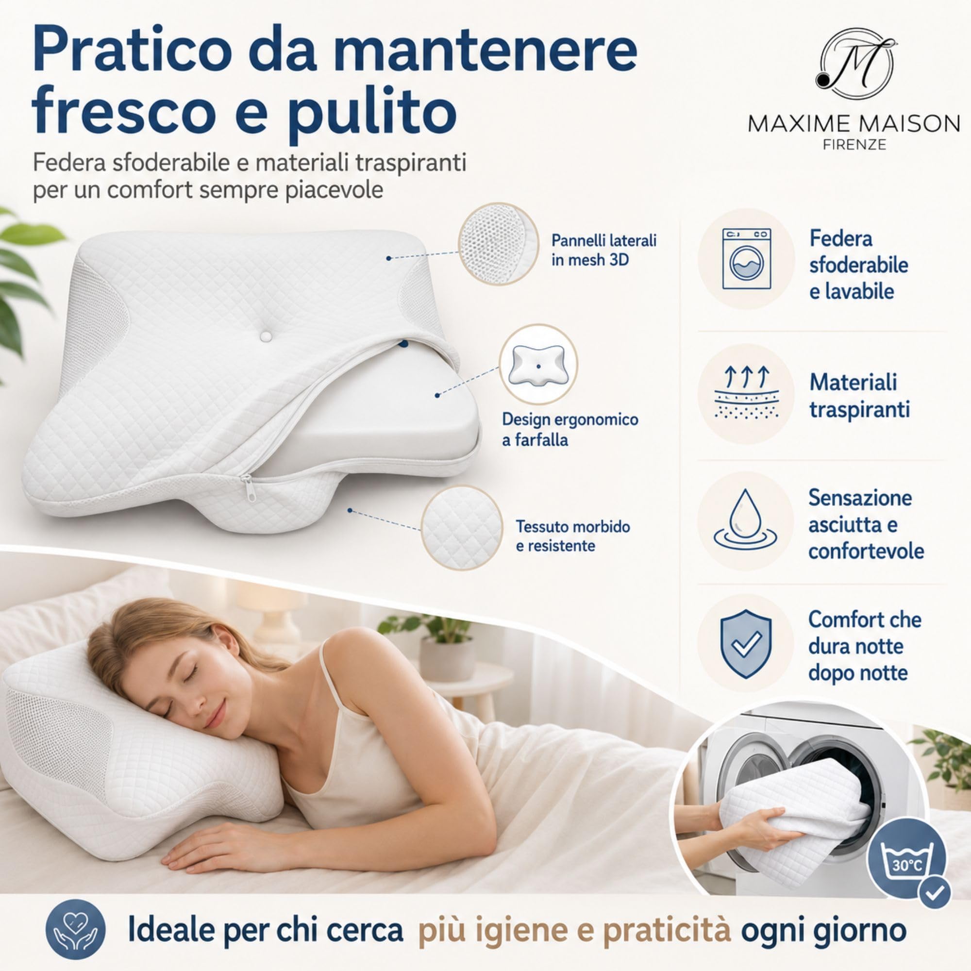 MAXIME MAISON - Cuscino Cervicale per Dormire Ergonomico in Memory Foam a Lento Rilascio, Prende le Forme del Viso e Dona un Riposo Profondo Prevenendo le Pieghe del Viso, Federa Sfoderabile