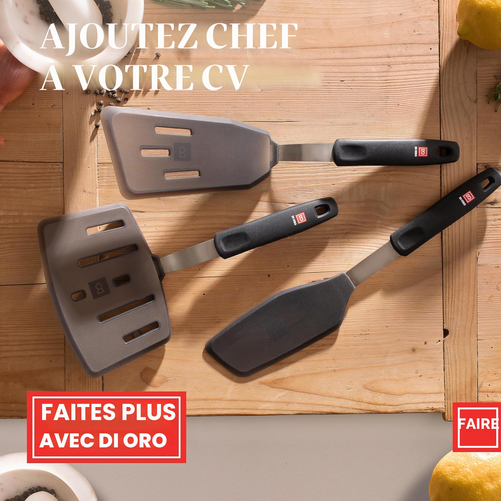 DI ORO® - Spatule de cuisine en silicone et acier inoxydable - Résistante à la chaleur à 315 °C - Meilleure spatule ajourée - Parfaite pour des oeufs et des crêpes