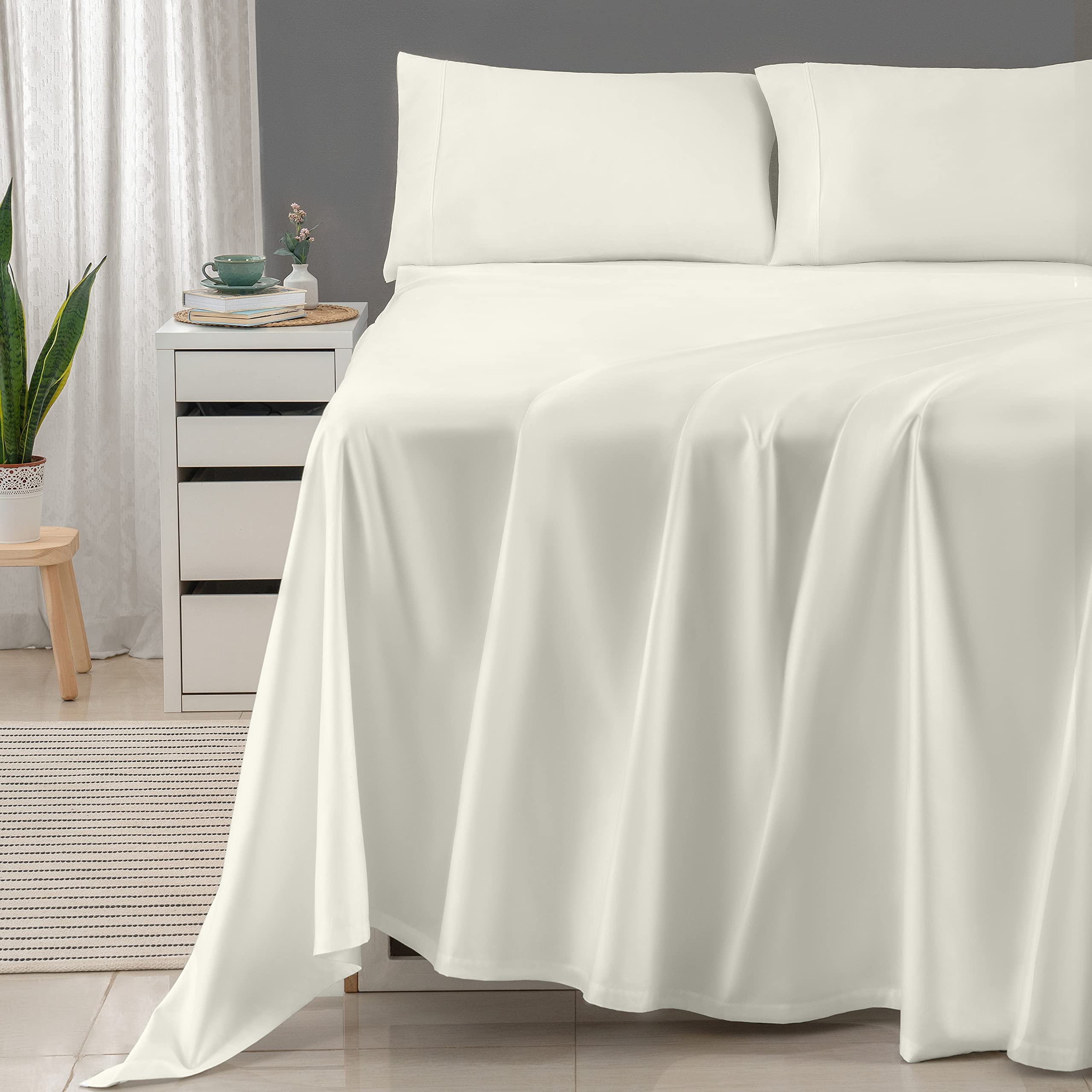 Threadmill 100% Cotton Sheets for Queen Size Bed - 600 Thread Count Queen Bed Sheets Set with 16� Deep Pocket - Sateen Weave 4-Piece Bedding Set with Cooling Effect, Ivory