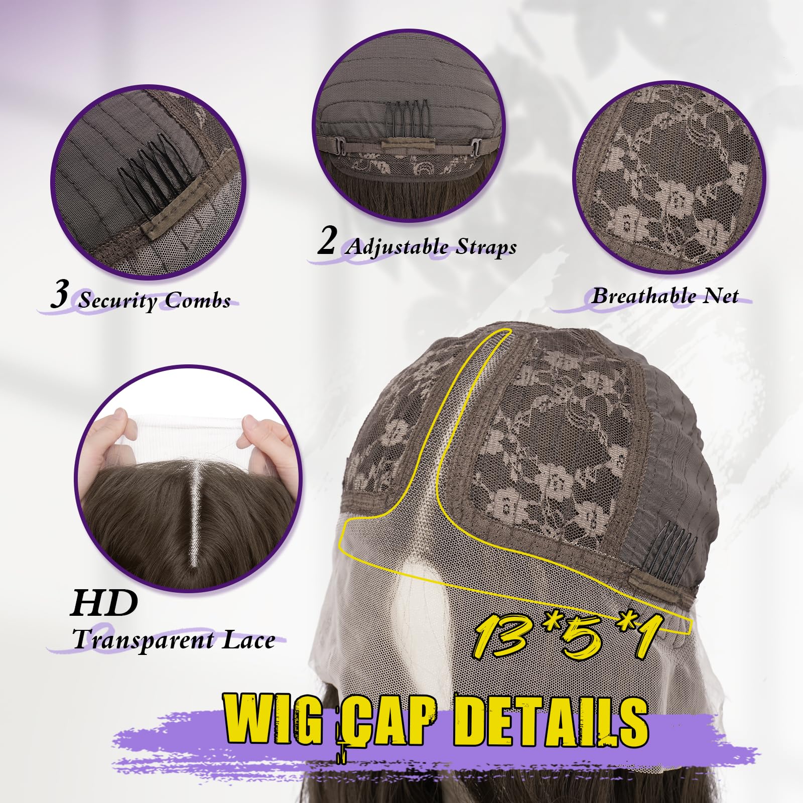 FESHFEN Lace Front Perücke – Lange Lockige Gewellte Kunsthaar Perücken mit 34x11x3 cm HD Lace Perücke für Frauen, Mittelbraun 70 cm