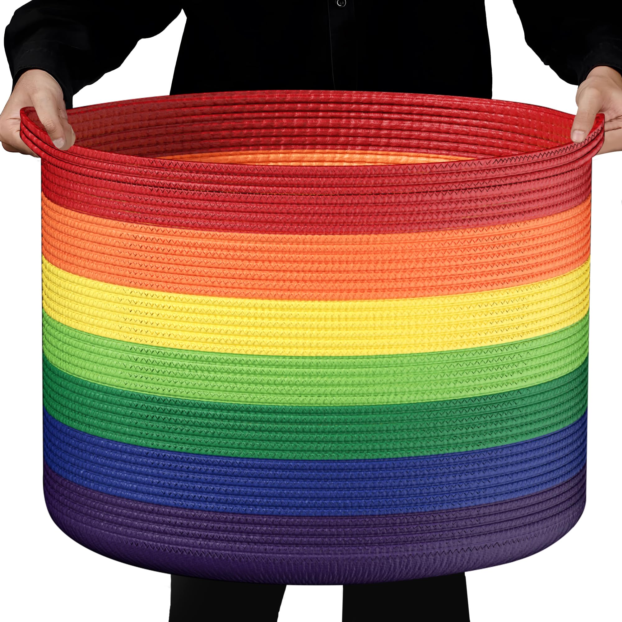 EblogEblog Blanket Storage Basket Large, Cotton Rope Storage Basket 22''x 22 ''x 14'' Big Woven Blanket Bin with Handle, Basket for Blankets Laundry Pillow Basket for Living Room (Rainbow)