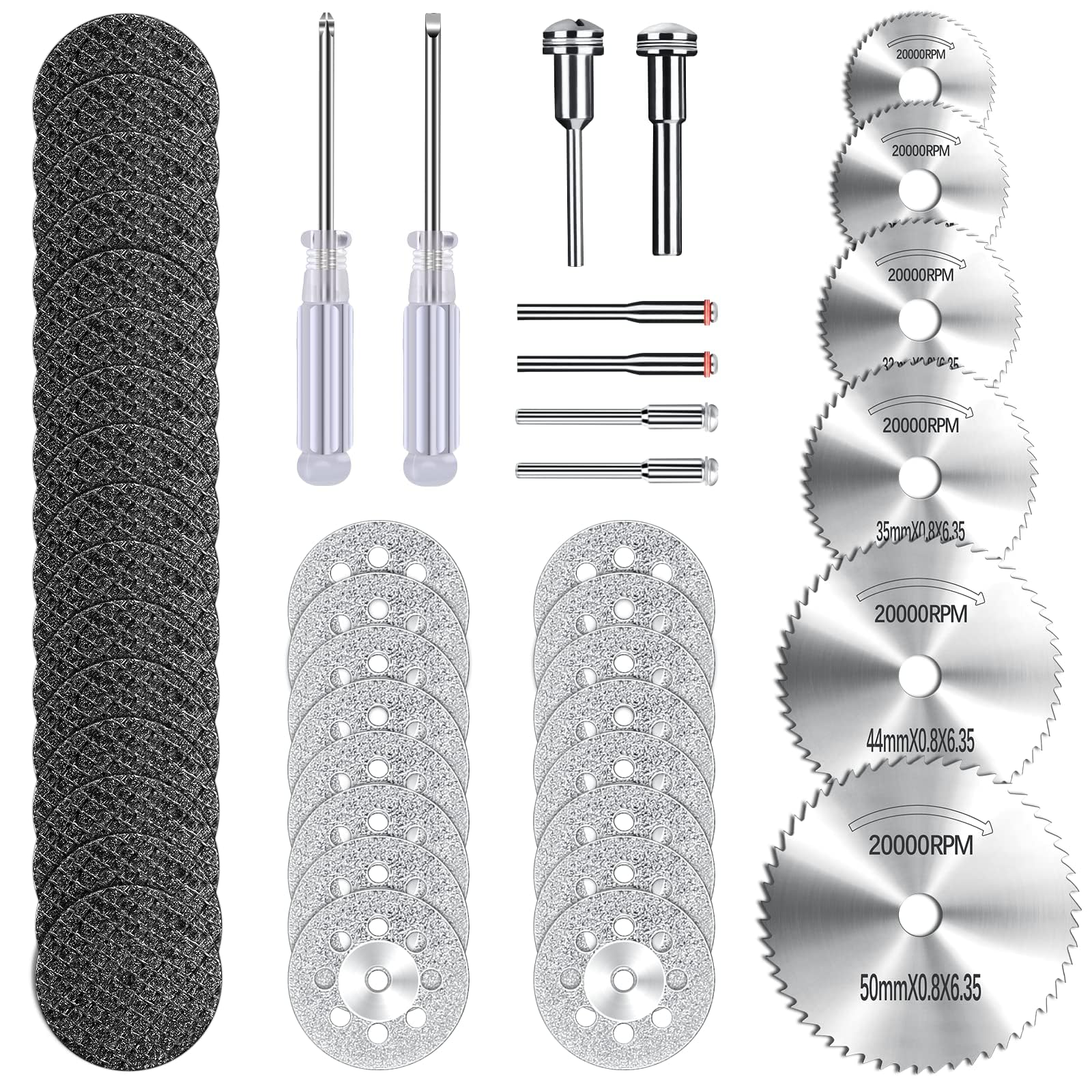 Cutting Wheels Set for Rotary Tool, 44 Pcs Accessories Kit, Includes 15 Diamond Cutting Wheels, 15 Resin Cut Off Discs, 6 HSS Circular Saw Blades, 6 Mandrel Shanks, and 2 Screwdrivers, Gifts for Men