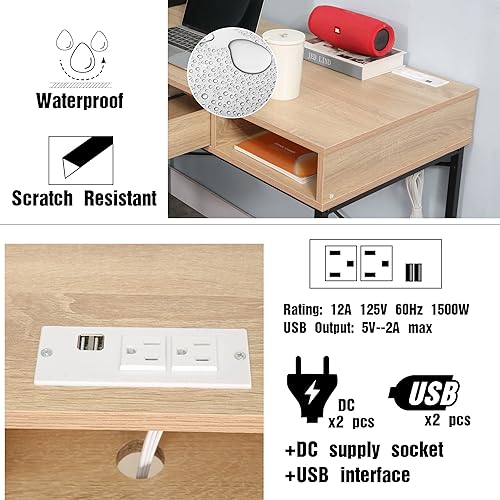 Miniatura 6 de JJS Escritorio de 48 pies con toma de corriente, escritorio grande contemporáneo para oficina en casa, estación de trabajo para computadora portátil