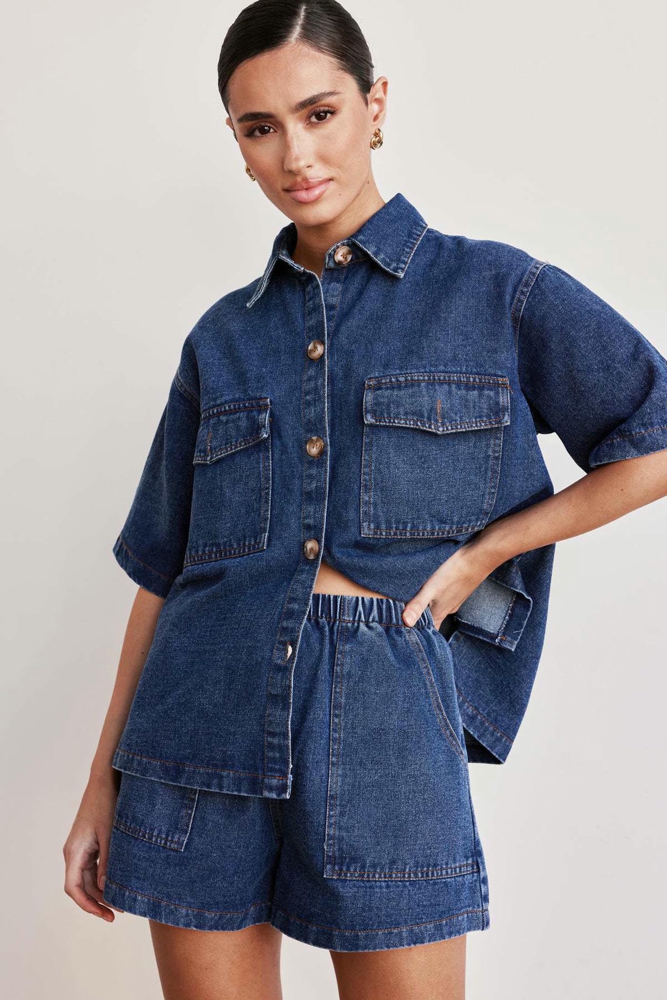 Jeans da Donna Abito in Due Pezzi di Denim Donna, Camicia Abbottonatura A Maniche Corte, Pantaloncini Cofano, Abiti Casual Pezzi-Pantaloncini Azzurro-s