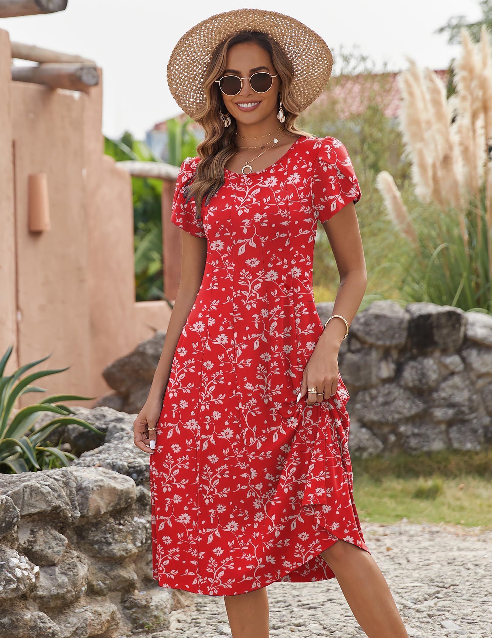 Zeagoo Robe Femme Estivale Casual Manches Courtes avec Poches A‑Line Robe Midi Légère Élégante pour Printemps Été S-XXL
