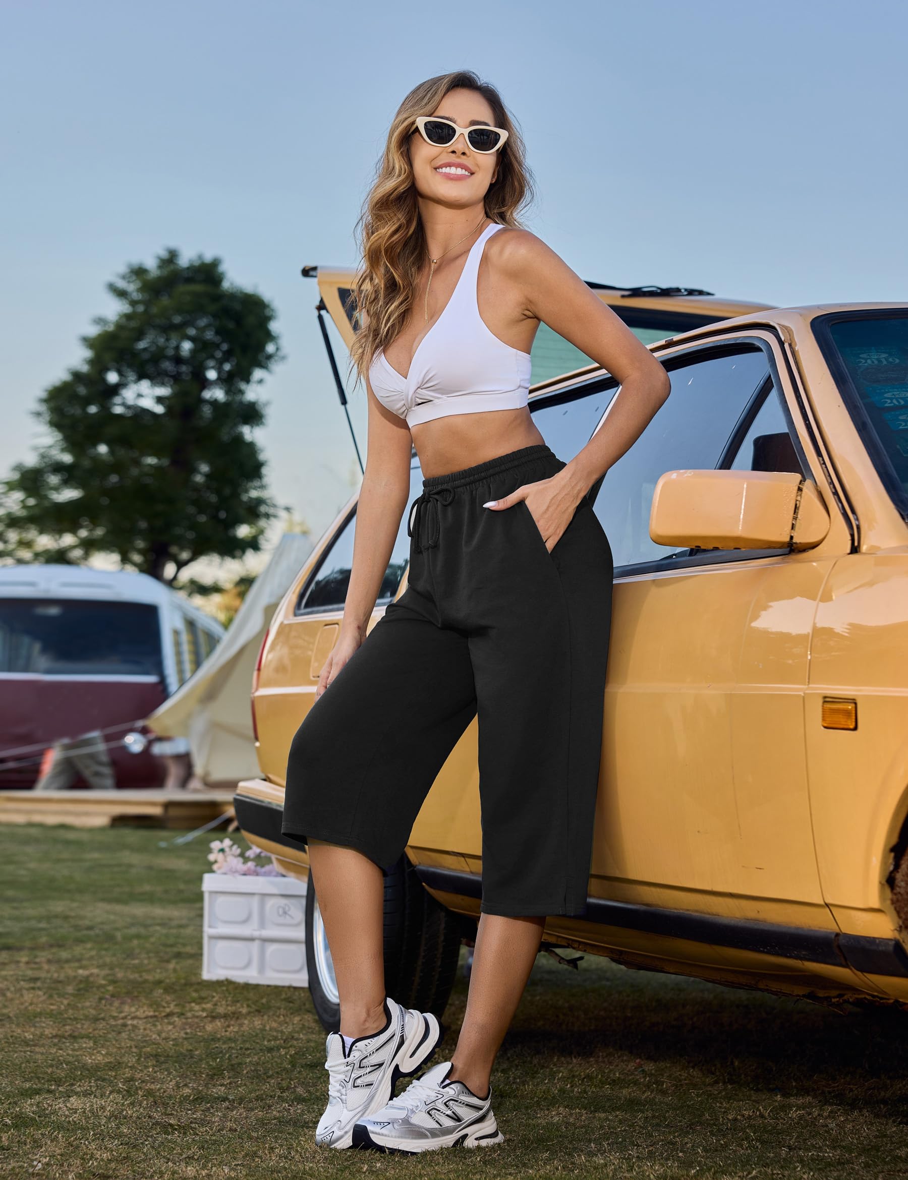 Demegimi Pantaloni 3/4 da Donna in Cotone Pantaloni Sportivi Donna a Vita Alta con Tasche Pantaloni Jogger Leggeri con Coulisse per Jogging Fitness Sport Yoga