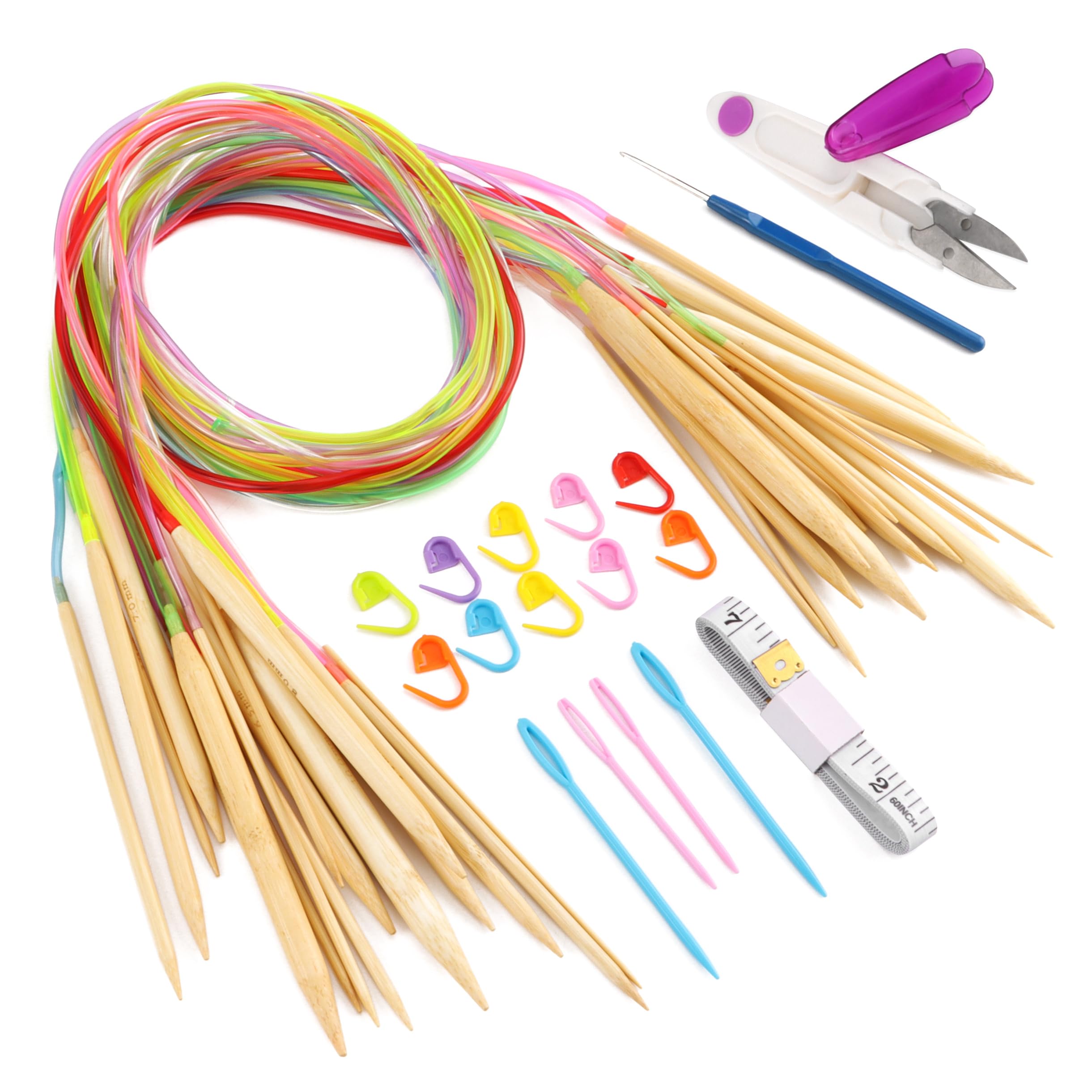 Set 18 Aiguilles Circulaires Bambou - Tailles 2.0-10.0mm - Longueur 100cm + Accessoires Tricot