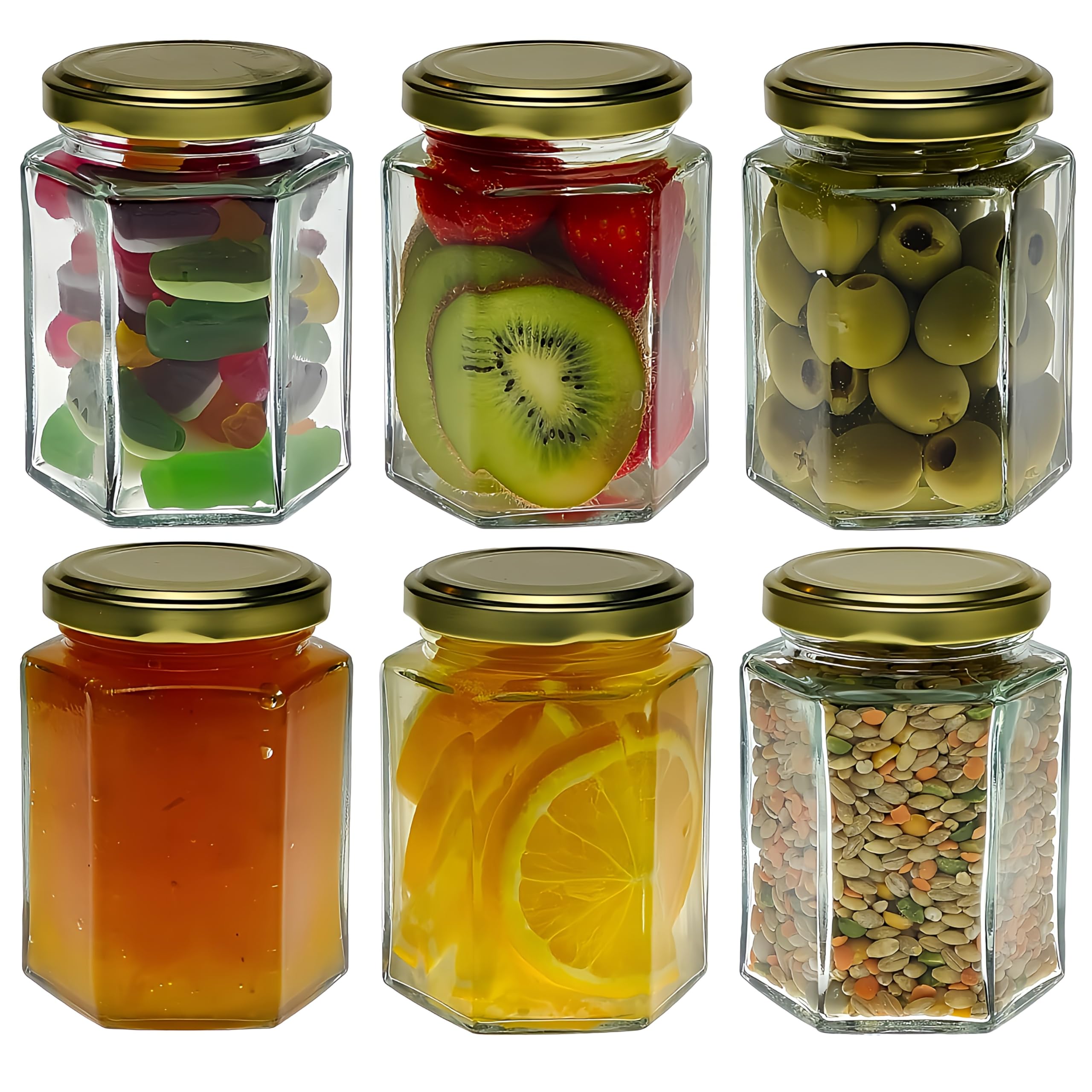 Cos Transparent Glass Hexagonal Jam Jar 190Ml With Gold Lids - Pack Of 6