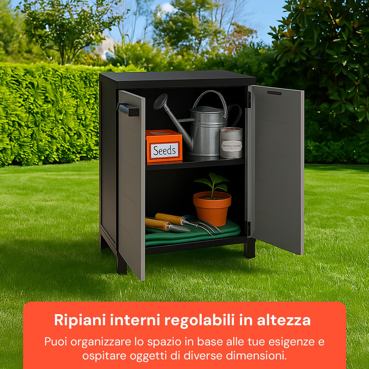 Avilia - Armadio da Esterno Basso Prime in Plastica Riciclata Effetto Legno con Ripiano Interno Regolabile, Ideale per Giardino e Balcone, Facile da Montare e Resistente alle Intemperie