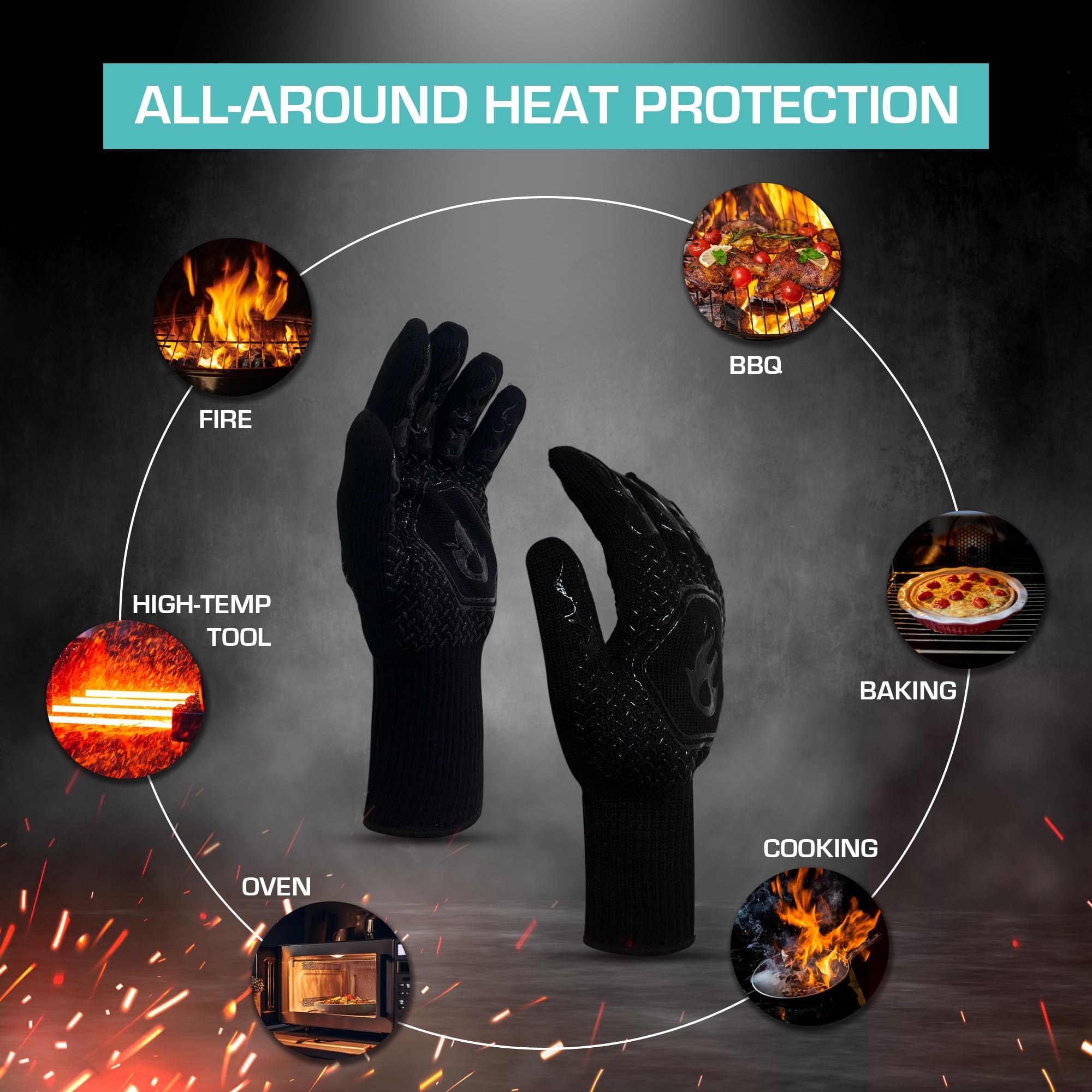 Amazon Brand - Umi BBQ Gloves| Heat Resistant Barbecue Gloves for Cooking| Grilling Gloves Non Toxiceco Anti-Slip| Protection of Hands from Fire Heat with Premium Silicon Gloves 1-Pair, (Black) - Image 5 thumbnail