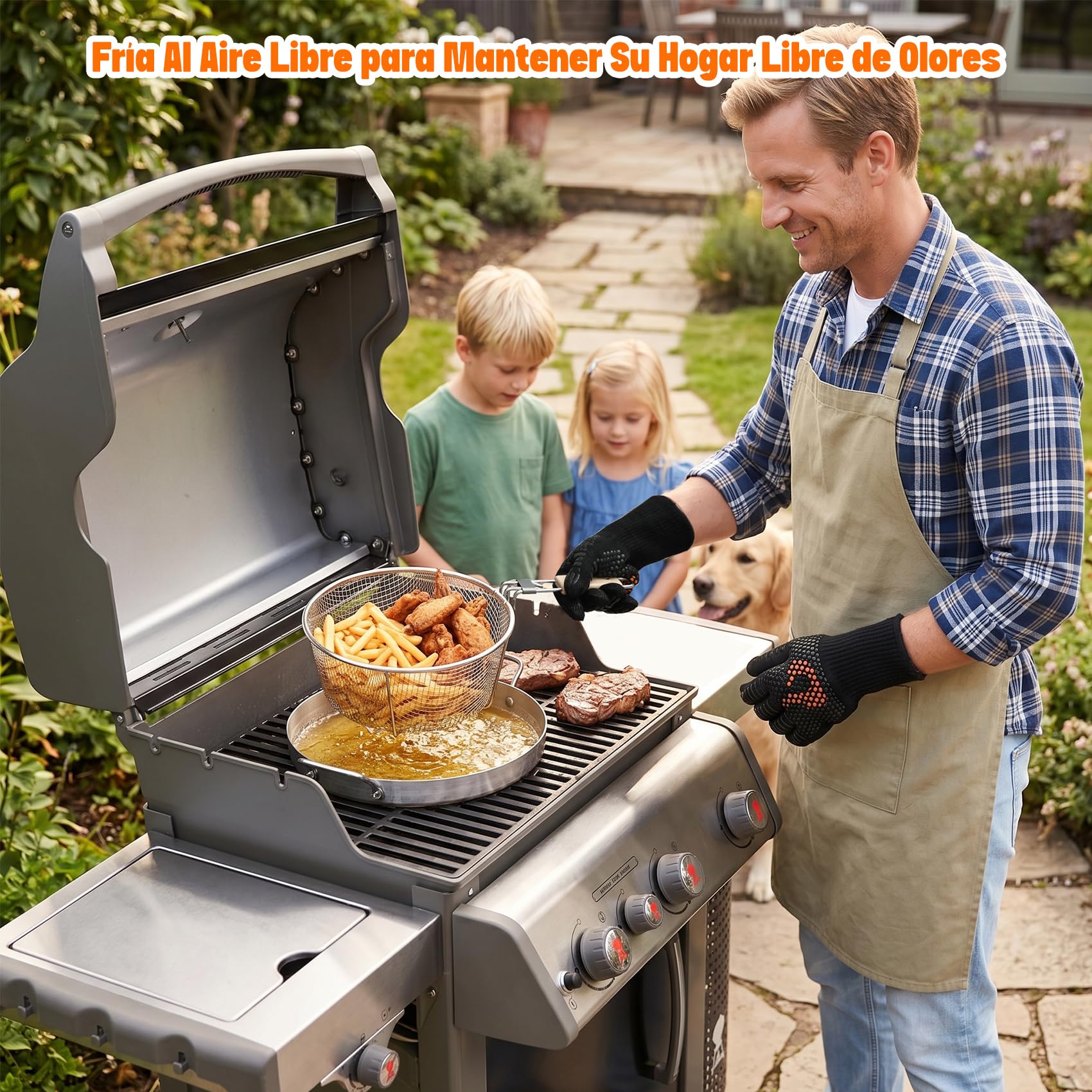 Onlyfire Freidora de Acero Inoxidable para Weber Gourmet BBQ System, Set de Olla y Cesta para Barbacoa de 57 cm, con Mango de Madera Extraíble, Ideal para Patatas Fritas y Alitas