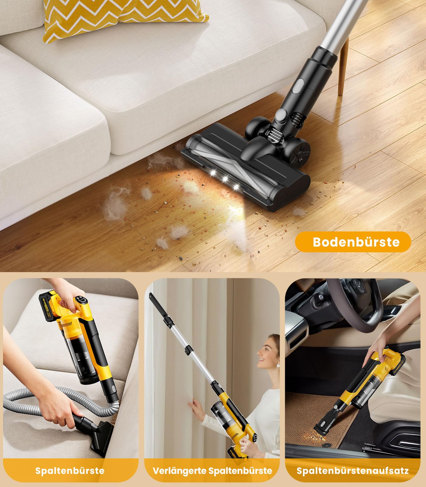 qimedo Aspiradora inalámbrica 8000mAh, 2 baterías extraíbles, succión 700W, Tubo 90 Pulgadas, depósito 2L, 7 en 1 Aspirador de Mano, aspiradora con batería para Madera, alfombras y Pelo de Mascotas