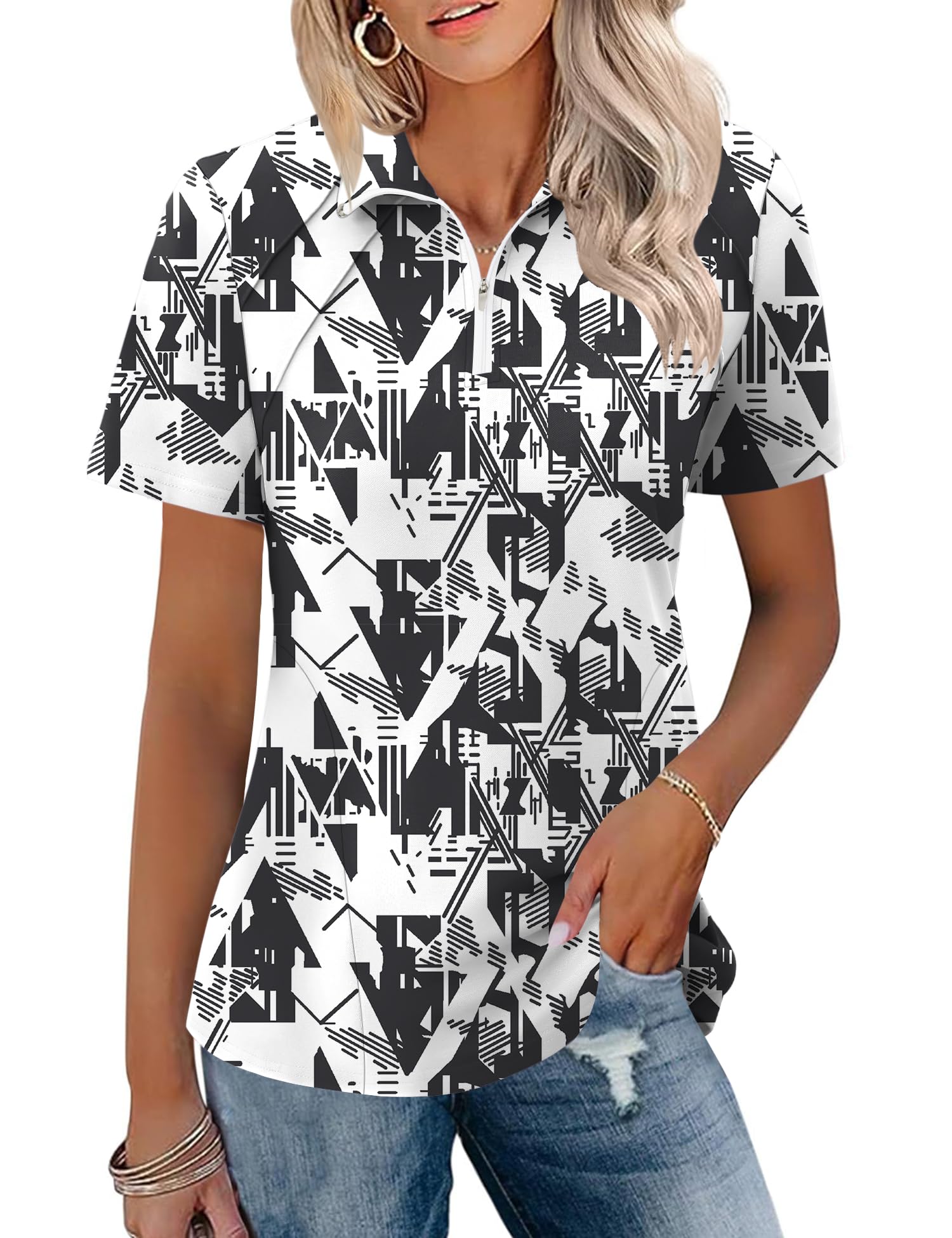 LOMON Womens Golf Polo Shirt Summer Short Sleeve Quarter Zip Outfit