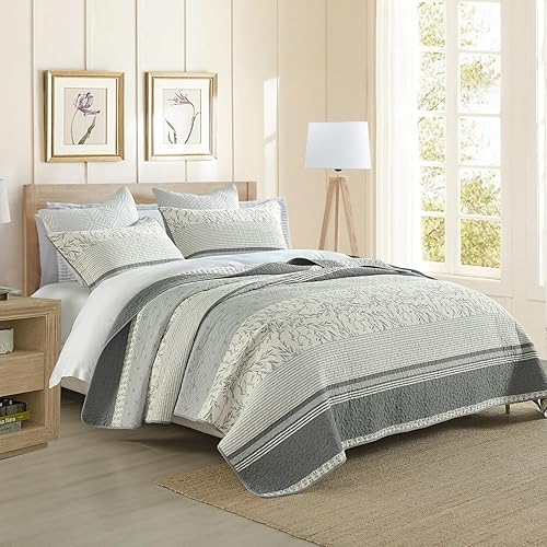 Miniatura 2 de Colcha tamaño King Juego de edredón gris y blanco con fundas a juego, colcha de diseño floral vintage, colcha de 3 piezas 100% algodón, ligera,