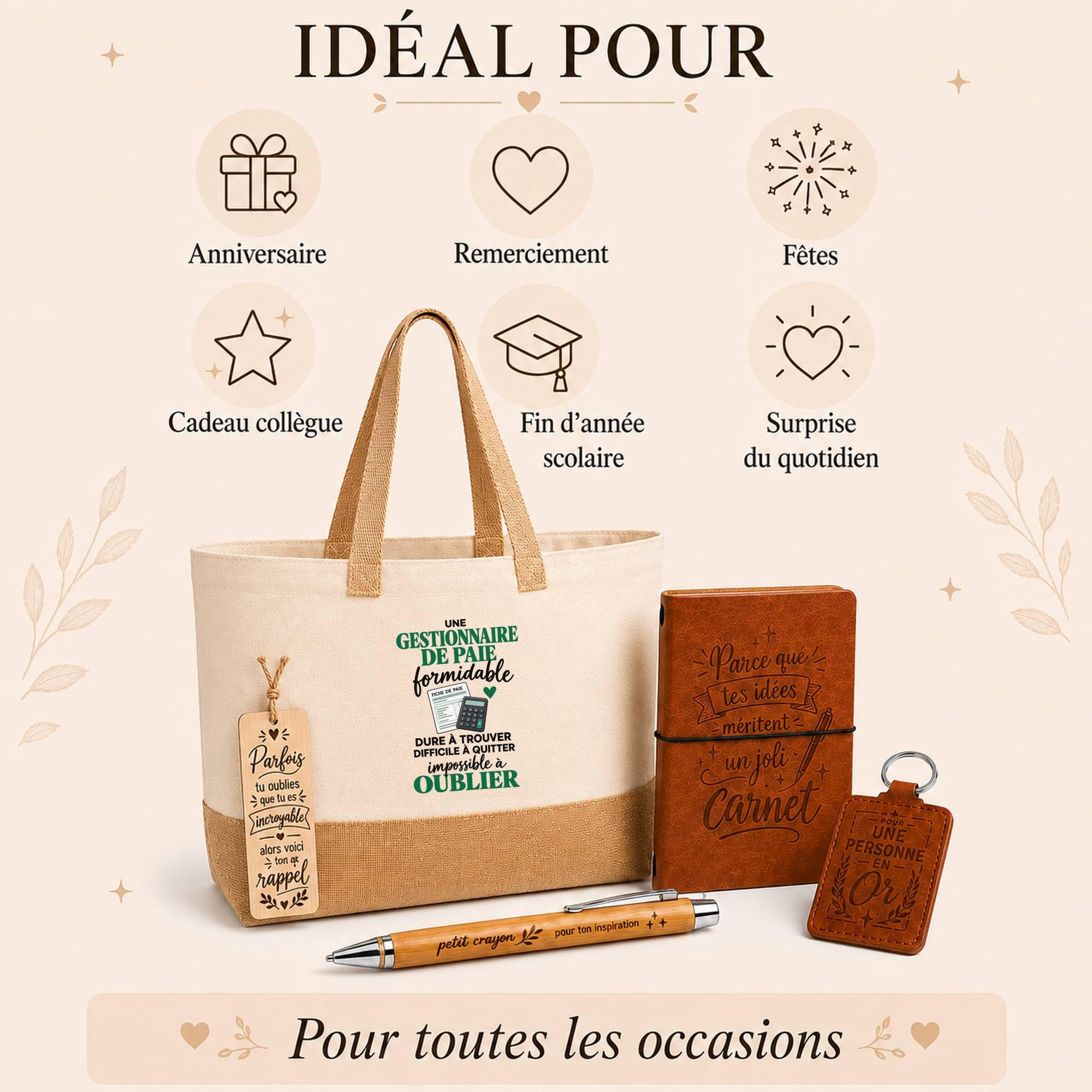 Otshirt Coffret Cadeau Gestionnaire de Paie Formidable | Sac Cabas Coton et Jute 18 L, Carnet, Stylo Bambou, Porte-Clés, Marque-Page | 5 Pièces | Idée Cadeau Ressources Humaines Noël Départ