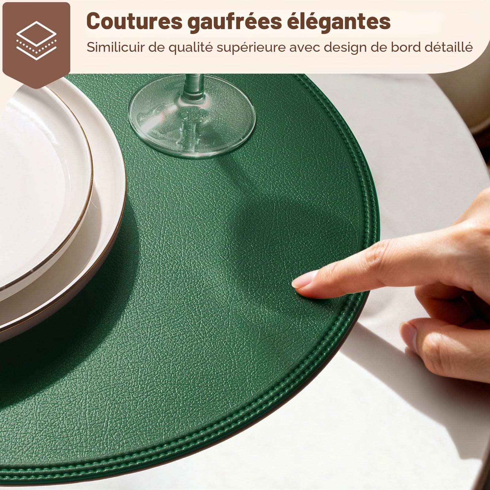 Lot de 6 Sets de Table Ronds épais en Similicuir PU, imperméables, antidérapants, lavables, résistants à l'huile, infroissables, pour Cuisine, Salle à Manger (Vert)