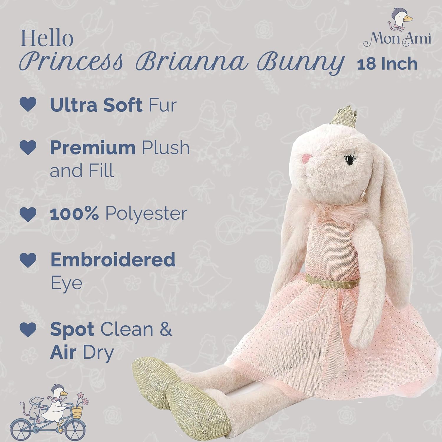 MON AMI Princess Brianna Bunny Doll - 18", Soft & Cuddly Plush Animal Doll, Use as Toy or Room Décor, Great Gift for Kids, Boys, Girls