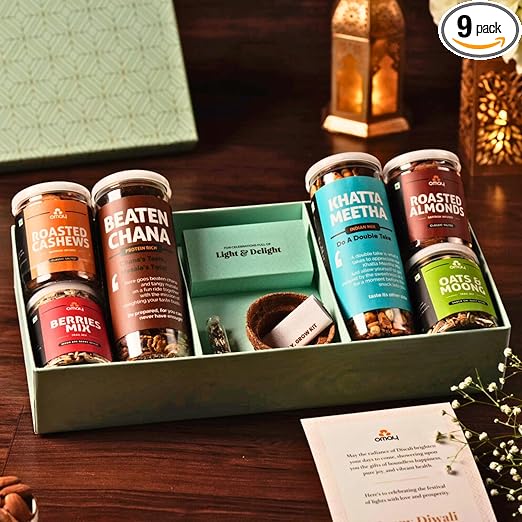 Omay Foods 9 Pcs_Eco Joy Diwali Gift Box l Premium Diwali Gift Hamper l Healthy Snacks, Roasted Dry Fruits, Chocolates l Candles, Diya l Diwali Gifts l Corporate Diwali Gifts Hamper l Healthy Gift Hamper l Premium Gifts I Festive Hamper