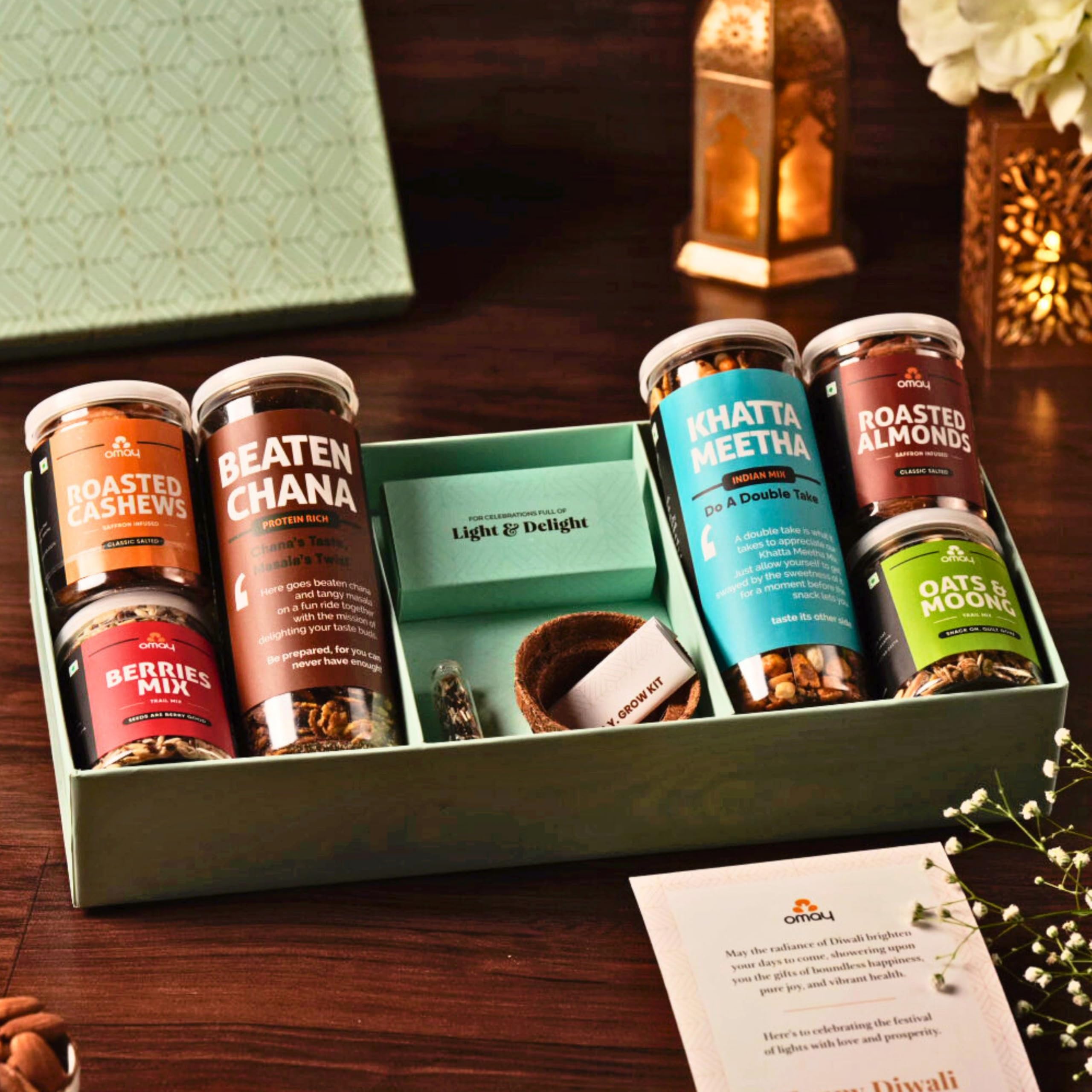 Omay Foods 9 Pcs_Eco Joy Diwali Gift Box l Premium Diwali Gift Hamper l Healthy Snacks, Roasted Dry Fruits, Chocolates l Candles, Diya l Diwali Gifts l Corporate Diwali Gifts Hamper l Healthy Gift Hamper l Premium Gifts I Festive Hamper (B099MJ4L8P) Amazon Price History, Amazon Price Tracker
