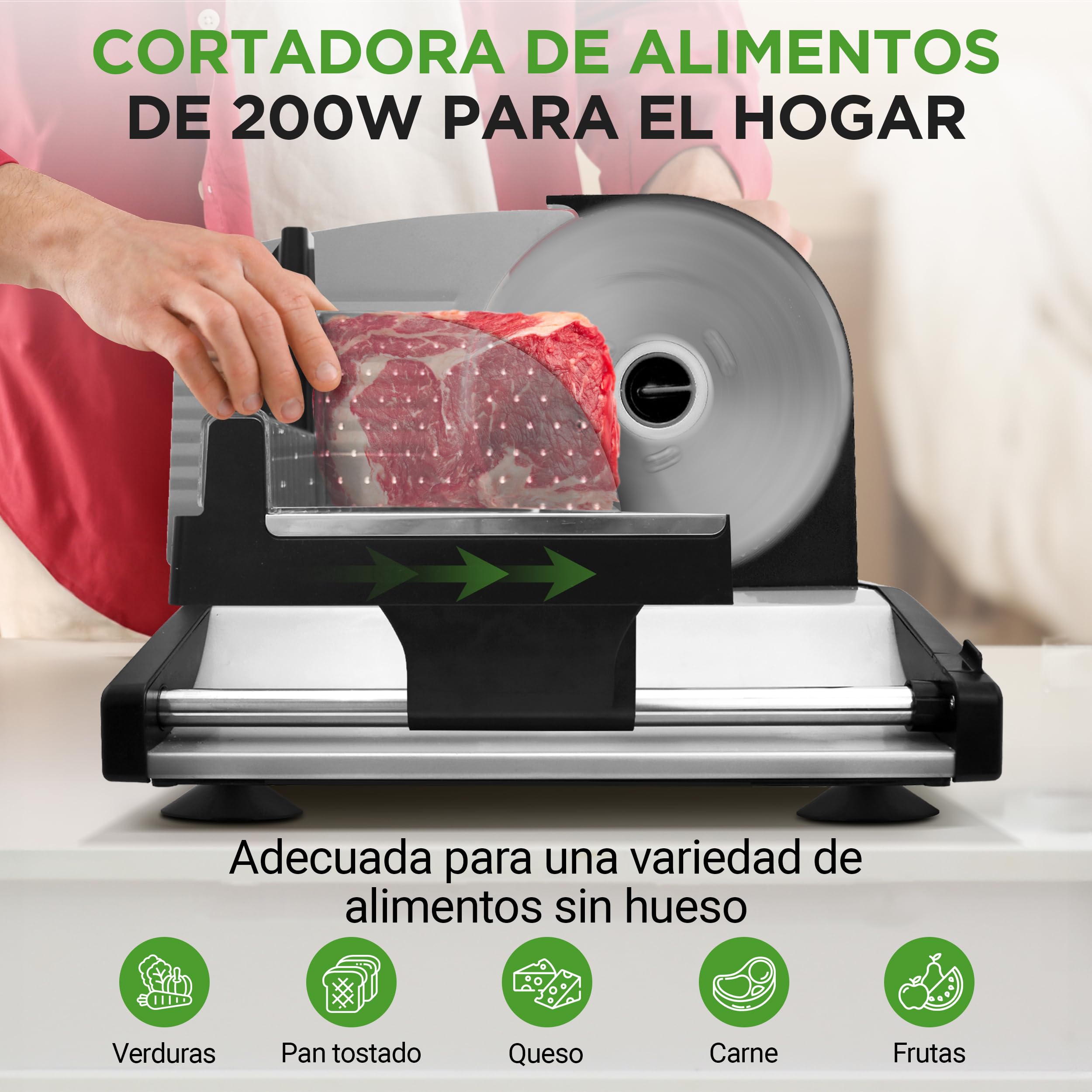 NutriChef Cortadora de fiambres, Picador de carne, Eléctrico, 200 V, Para jamón, Queso y pan, Rebanadora automática, Grosor ajustable, Cuchilla inoxidable, Empujador seguro