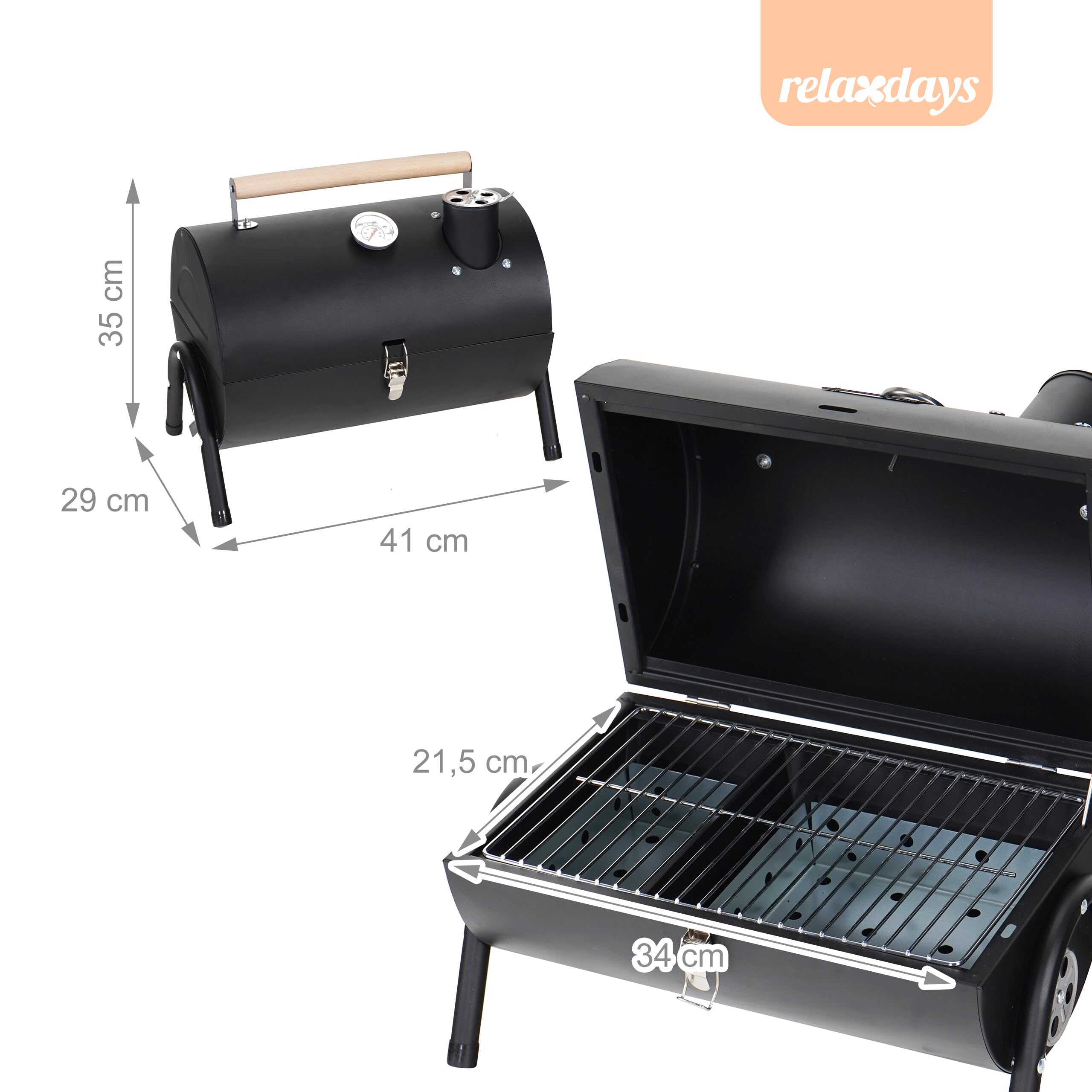 Relaxdays Campinggrill, 2 Kohleschalen, Thermometer, Rauchabzug, schwarz