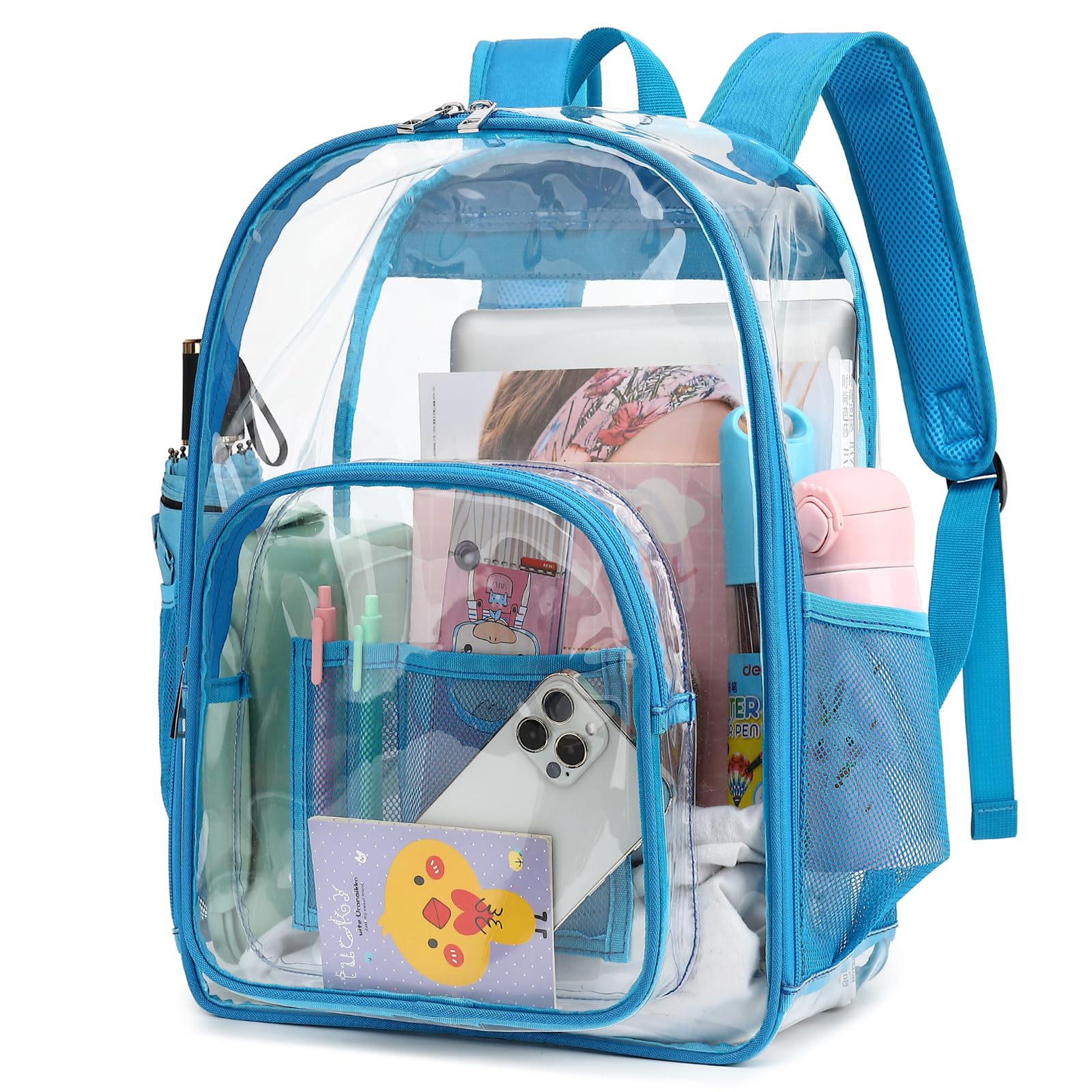 Kouxunt Clear Backpack Men Women Heavy Duty PVC Plastic Transparent School Backpack See Through Bookbags for Teen Girls Boys (Peacock Blue)