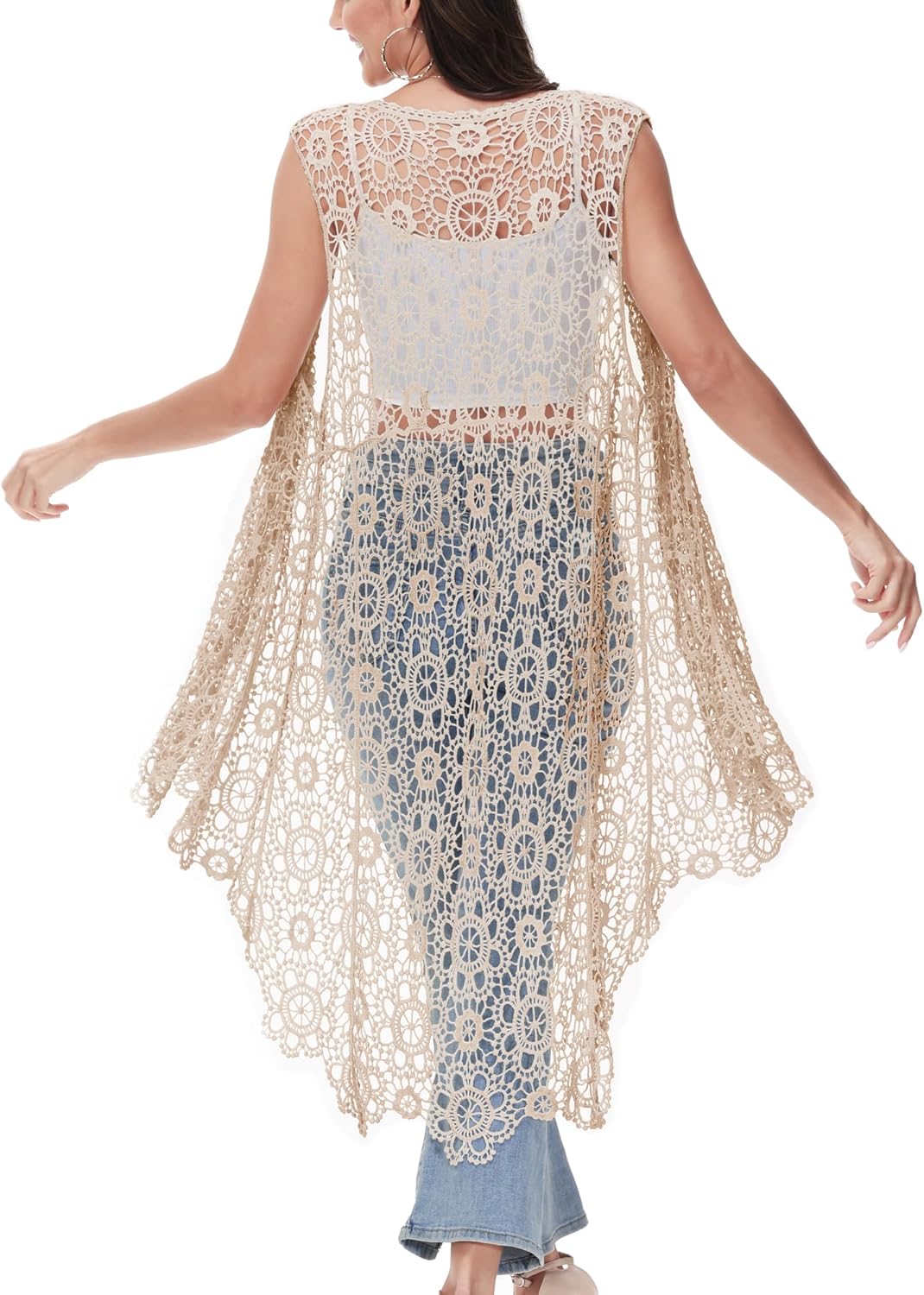 Anna-Kaci Boho Crochet Long Vest Top for Women Sleeveless Lace Cardigan Kimono Swimwear Cover Ups - Image 3
