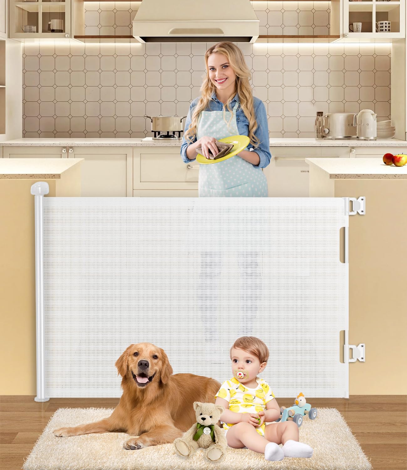 Treppenschutzgitter Ausziehbar 0-140 cm, Treppengitter Einhändig Bedienbar, Baby Absperrgitter Automatisches Verriegelungsdesign, Kinderschutzgitter für Treppen, Türen, Innen, Außen (Weiß)