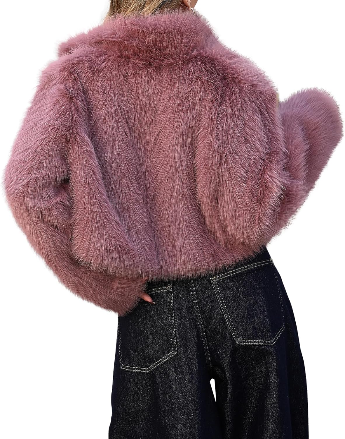 Womens Stand Collar Long Faux Fur Jacket Open Front Long Sleeve Fluffy Outwear Coat - Image 5