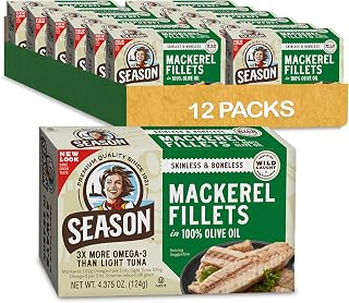Season Skinless Boneless Mackerel in Olive Oil - Wild Caught Keto Snacks, 20g Protein, Low Mercury, Non-GMO Kosher 4.37oz 12-Pack