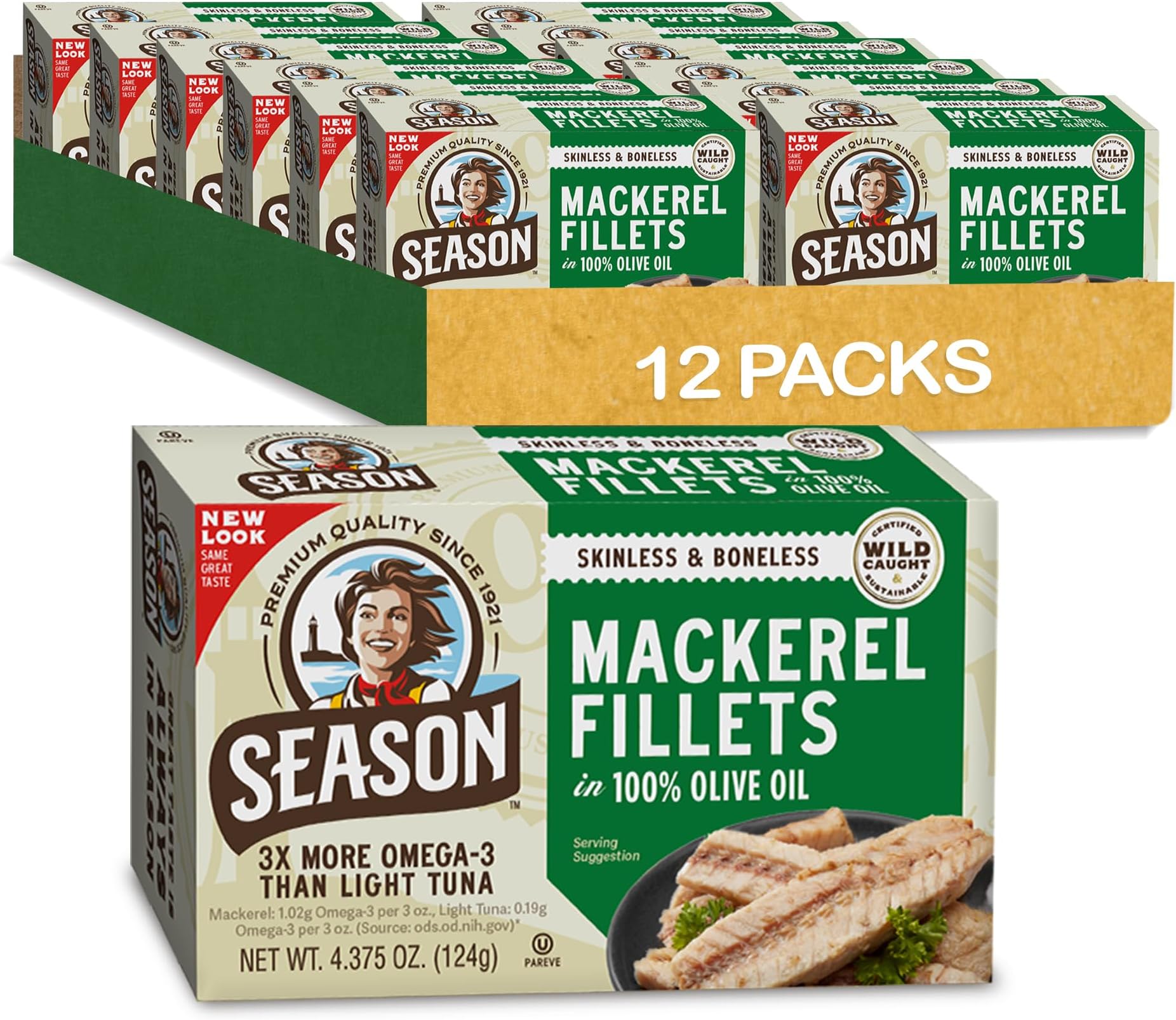 Season Mackerel in Olive Oil - Skinless & Boneless, Wild Caught, Keto Snacks, Canned Mackerel Fillets, Full of Vitamins, Low in Mercury, Kosher, Non-GMO, 20g of Protein - 4.37 Oz, 12-Pack
